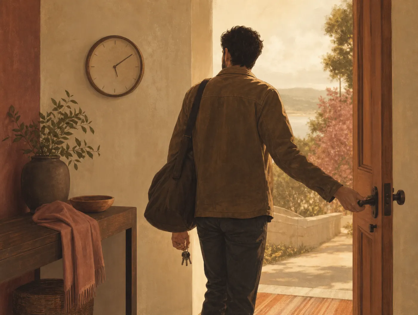 ERP for OCD: a man pauses at the front door, hand on the handle, before stepping outside