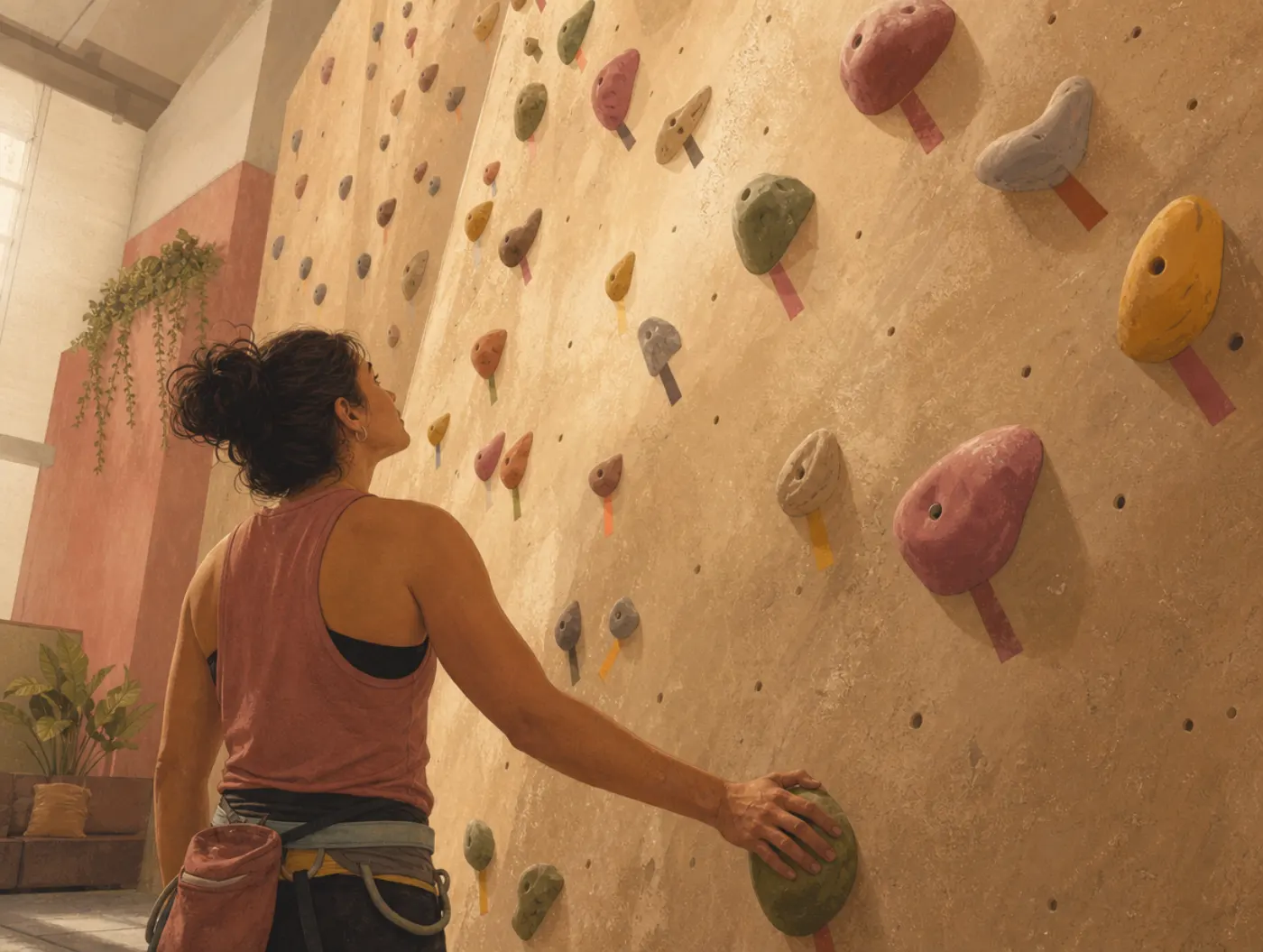 Exposure Hierarchy Builder: person at base of a climbing wall studying color-coded holds graded from easy to hard before
