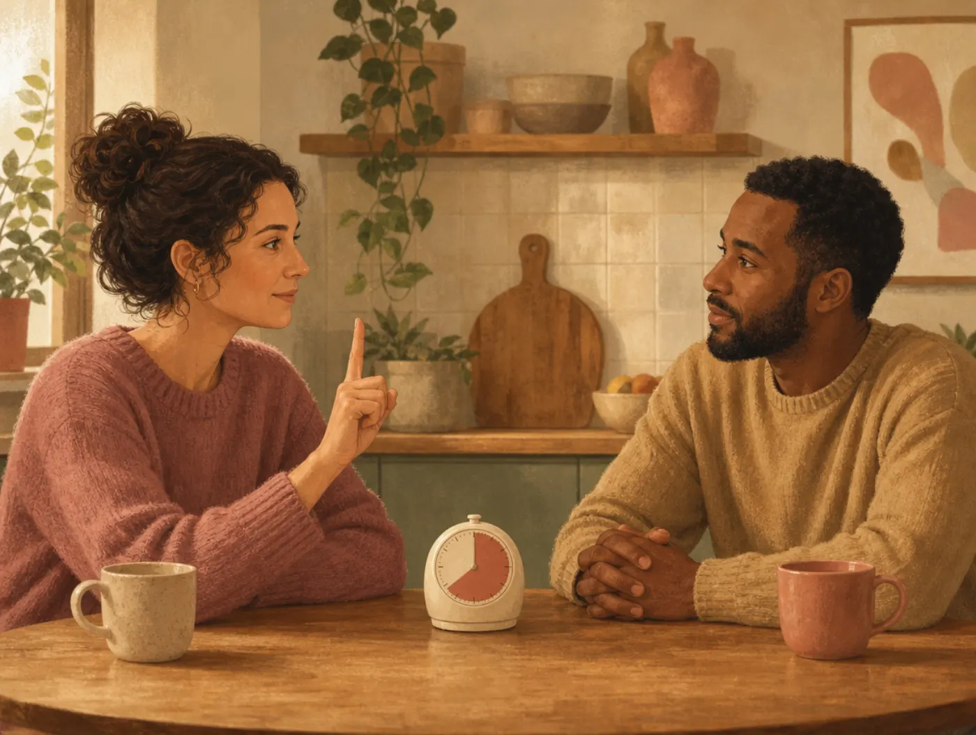 Fair Fighting Rules: two partners at a kitchen table taking turns speaking, a kitchen timer between them keeping the con