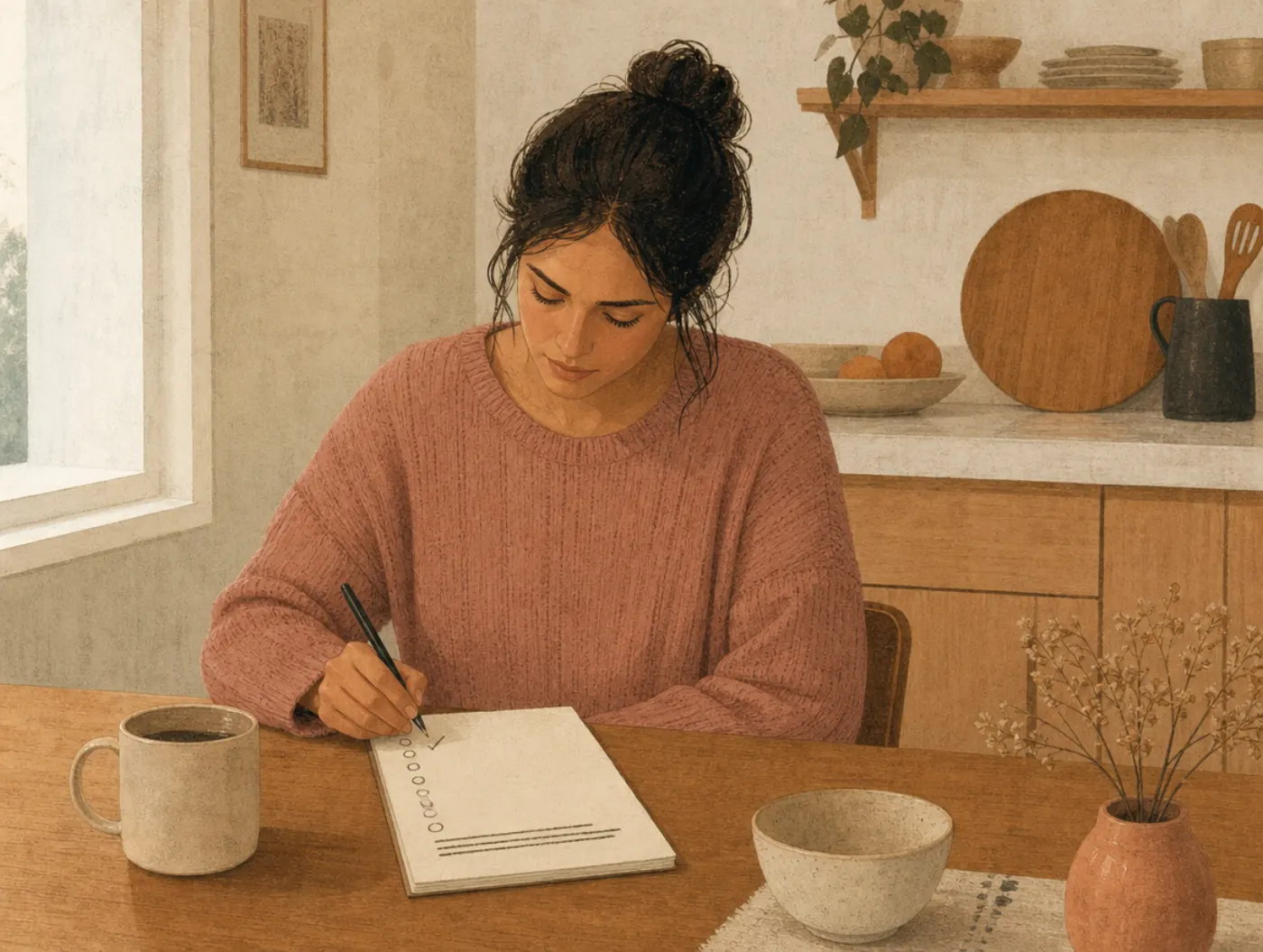 Fear Ladder: woman at a kitchen table writing a ranked list of feared situations from easiest to hardest