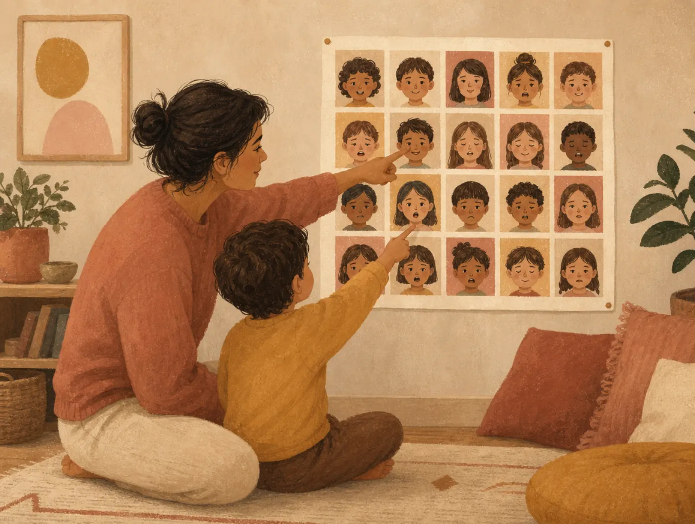 Feelings Chart: a parent and child pointing together at a wall chart of small face illustrations