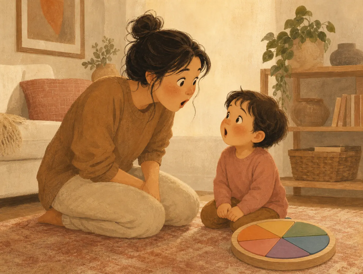 Feelings Wheel for Kids: parent and child making matching faces by a round colored toy