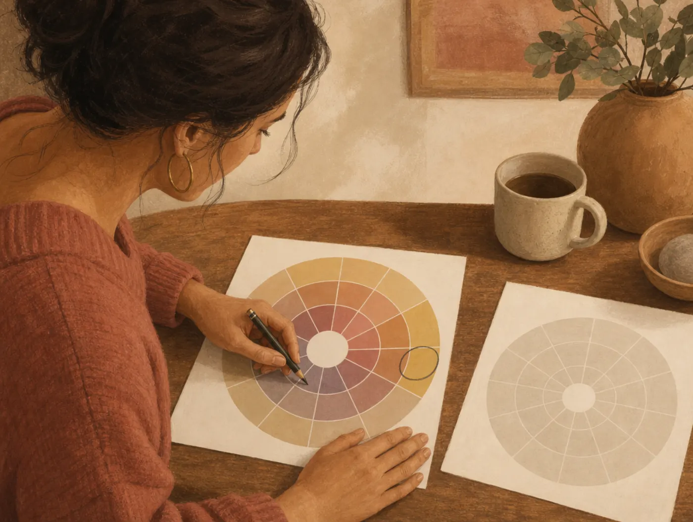 Feelings Wheel: a person circling one wedge on a printed circular wheel worksheet with concentric colored rings, pencil