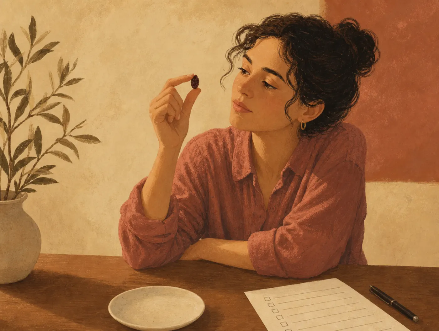 Mindfulness Skills Worksheet: person examining a raisin closely beside a checklist and pen on a table
