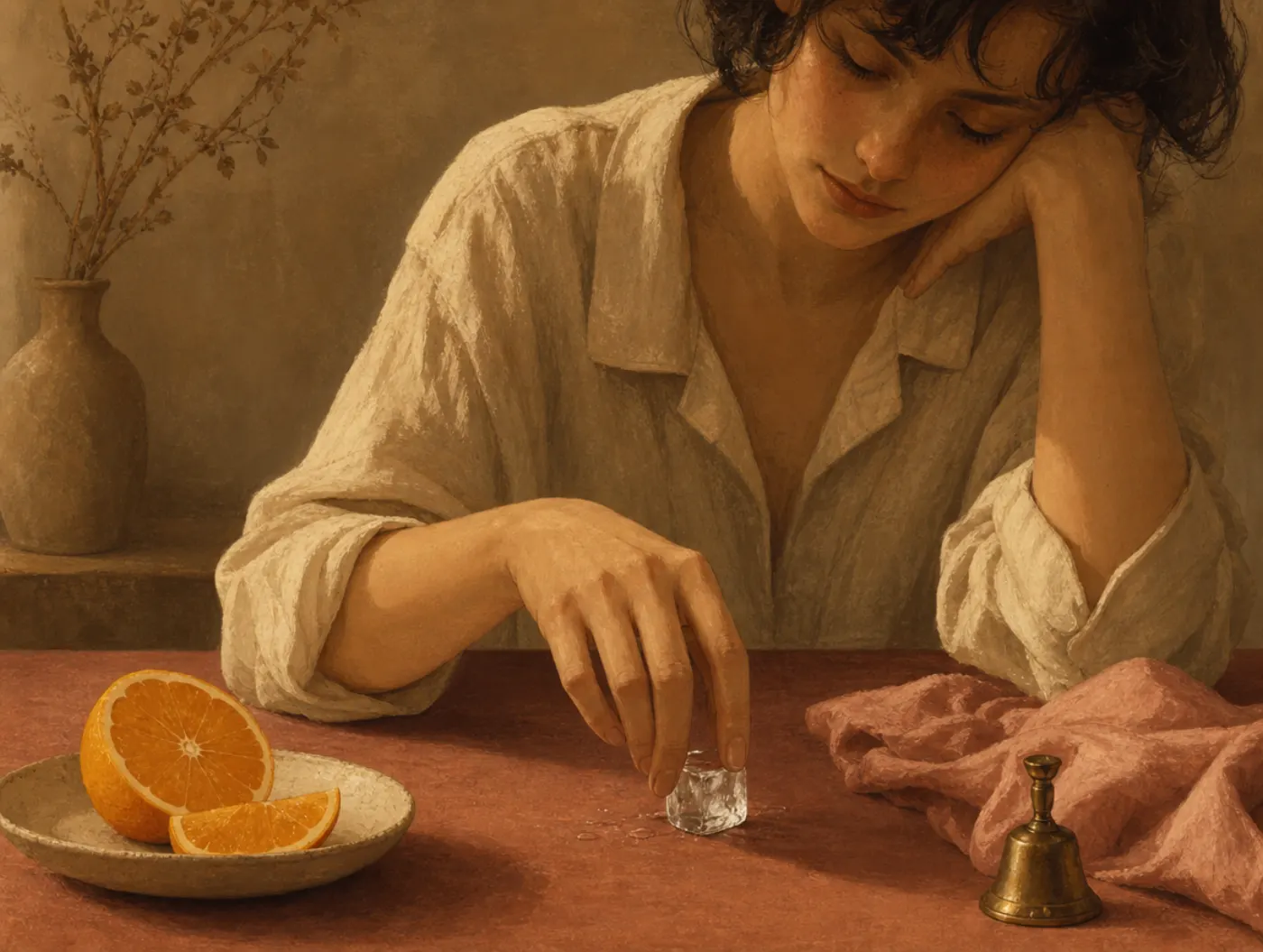 Five Senses Calming Exercise: person rolling an ice cube in hand beside orange slices, fabric, and a bell
