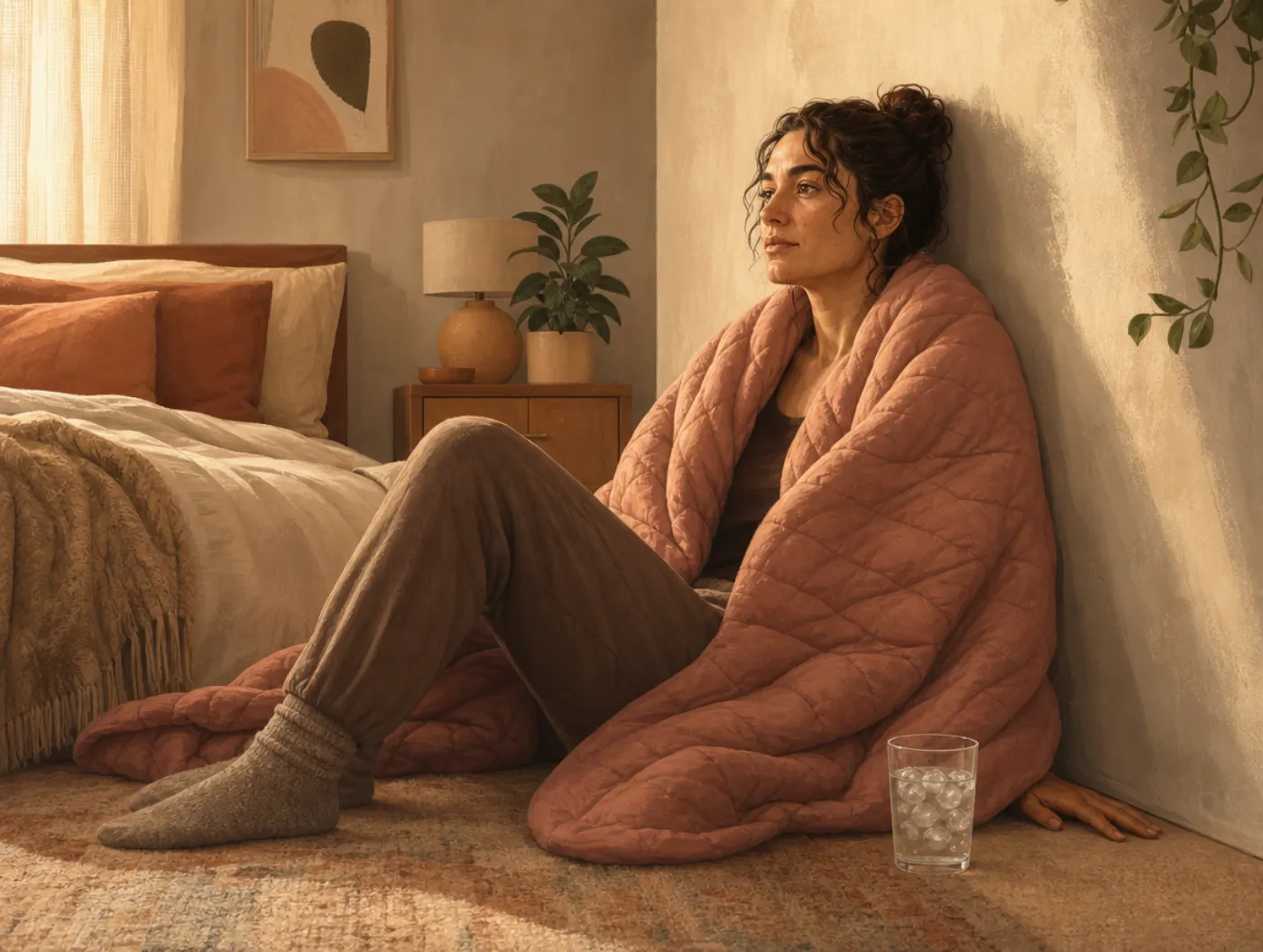 Flashback Coping Plan: person grounding on the floor, palms pressed to the carpet, wrapped in a blanket beside a glass o
