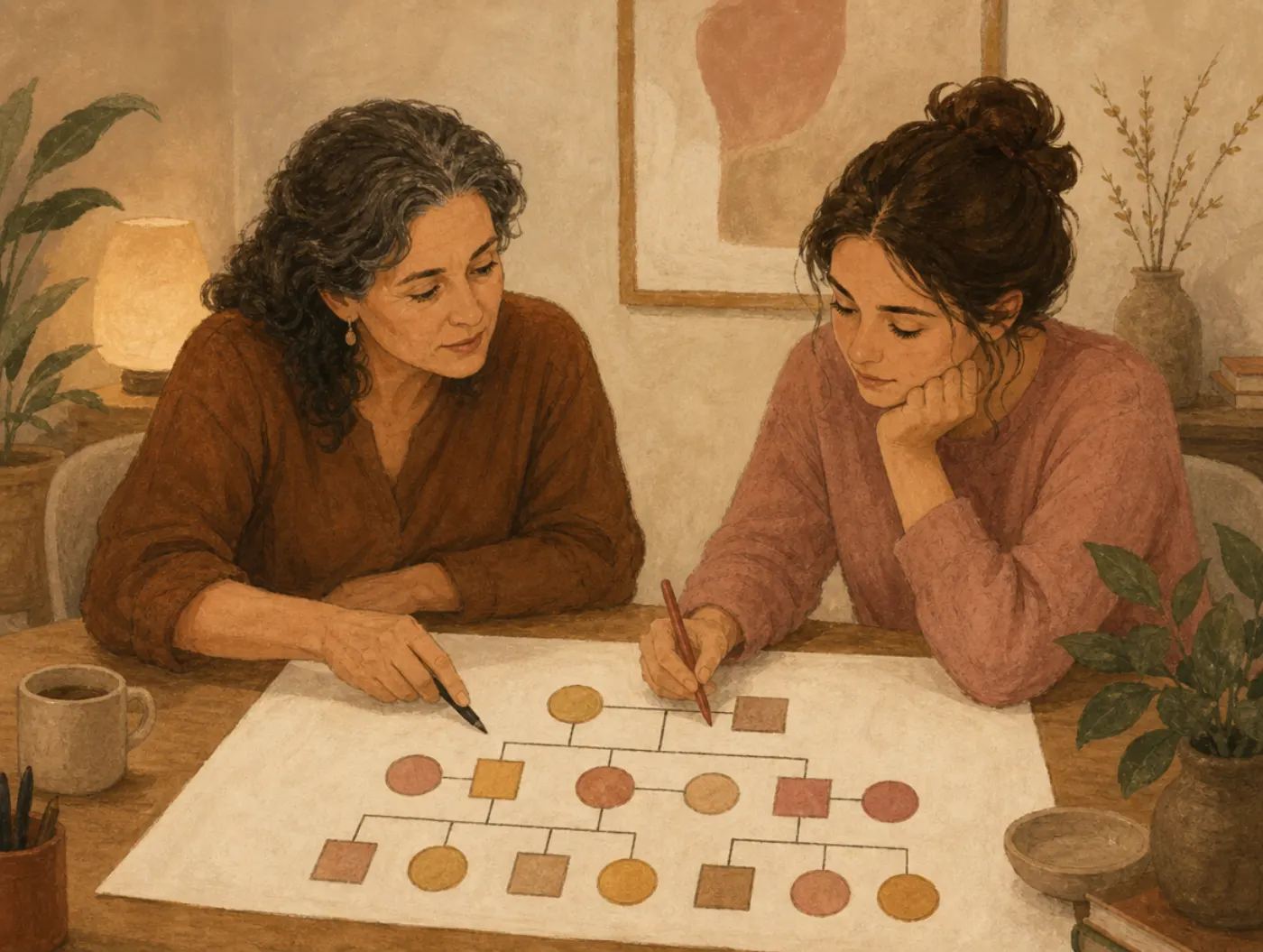 Genogram Maker: a therapist and client sketching a family tree with circles, squares and lines