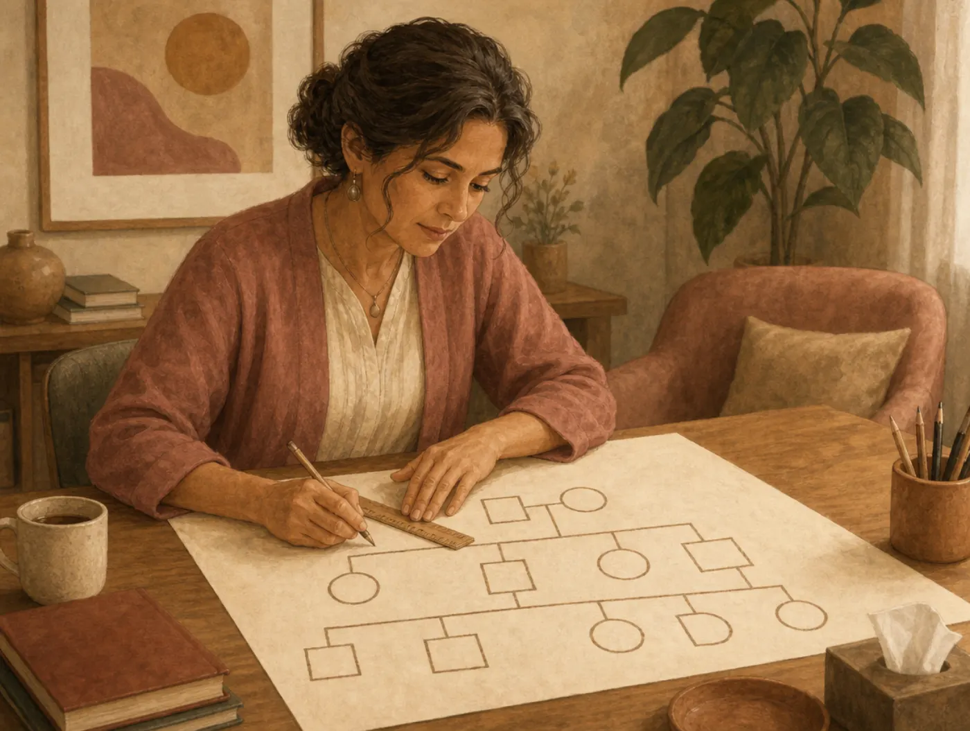 Genogram Symbols Reference: a counselor drawing a family tree of connected squares and circles with a ruler on a paper s