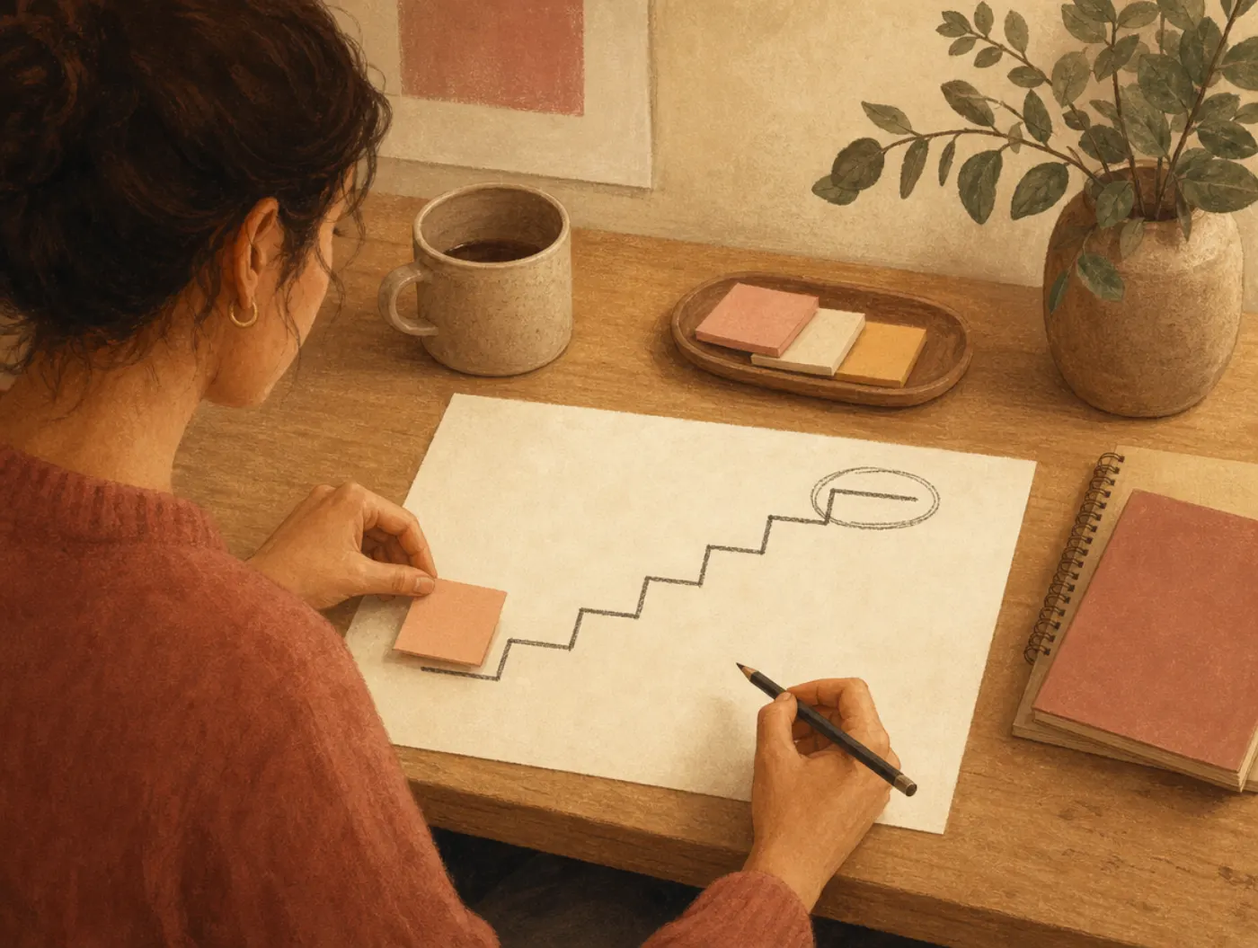 Goal Setting Worksheet: a person draws a staircase on paper, marking the bottom step with a sticky note and circling the