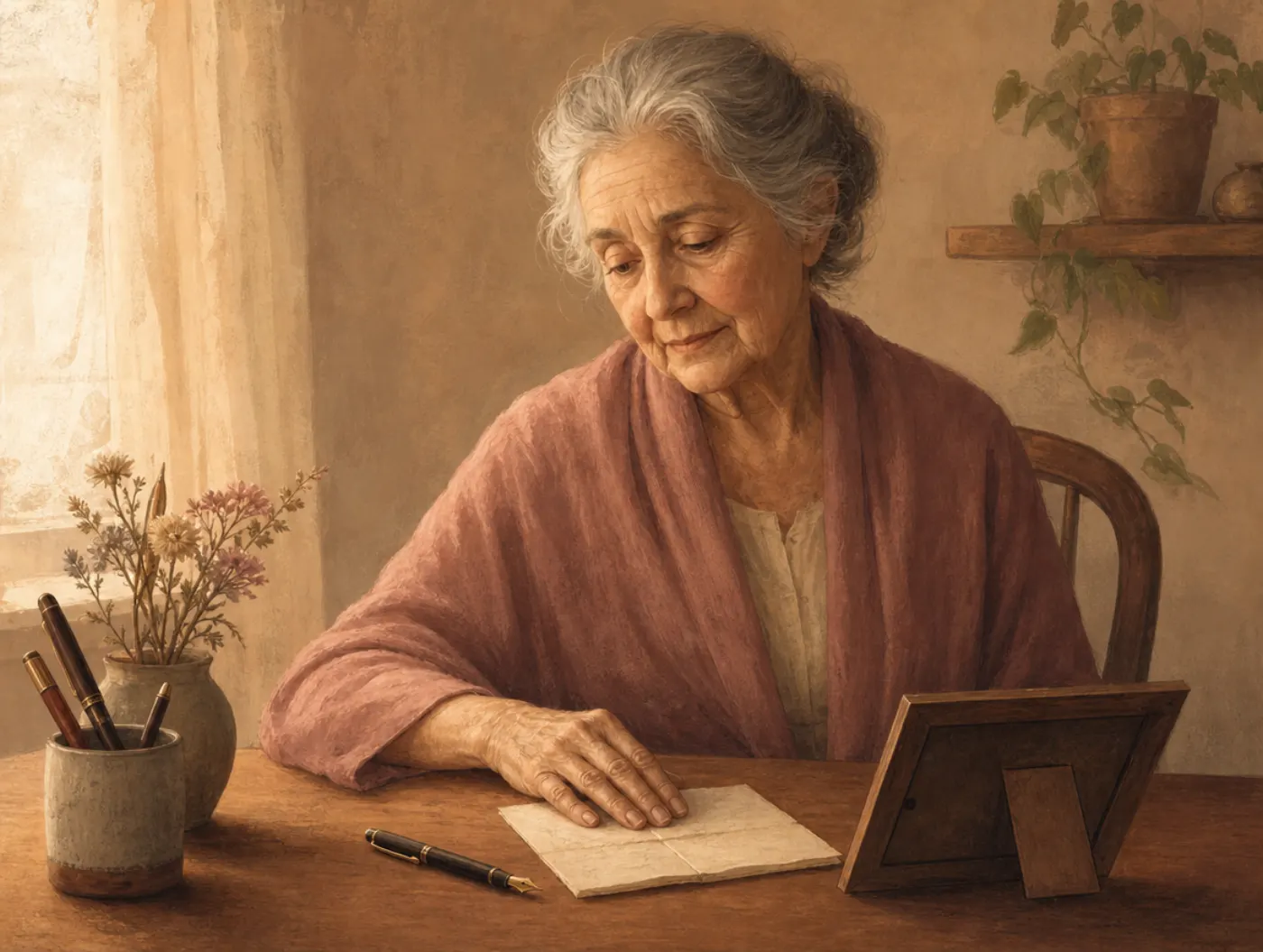 Goodbye Letter Exercise: person writing a farewell letter by hand at a desk, a face-down framed photo beside the pages