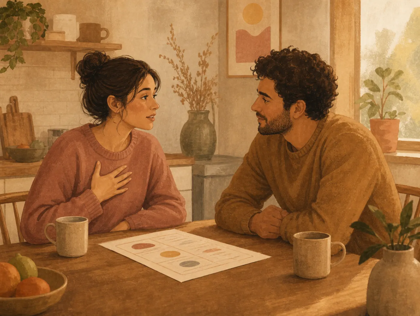 Four Horsemen Worksheet: couple at a kitchen table practicing gentle communication instead of criticism, with open, uncr