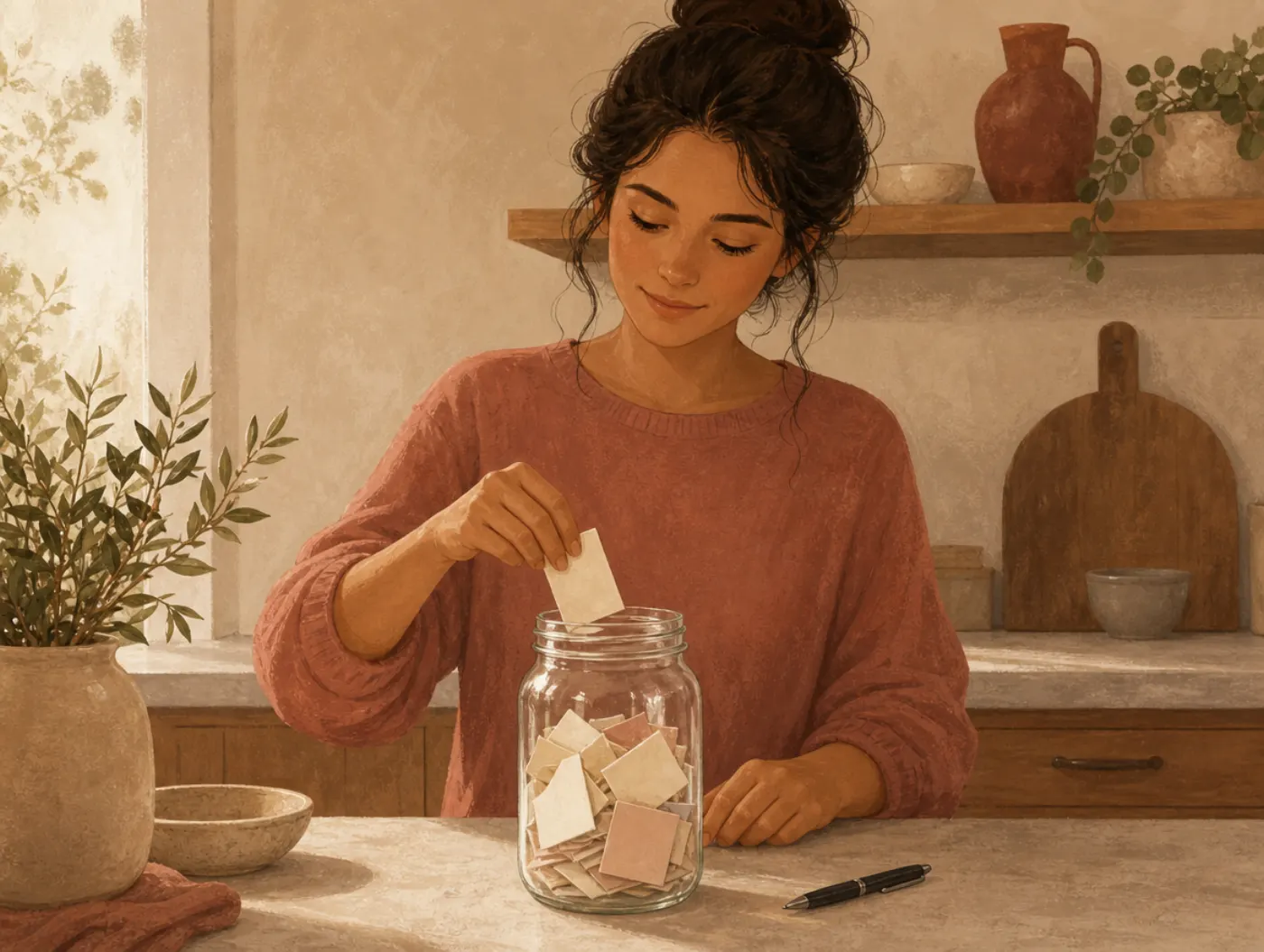 Gratitude Jar: a person dropping a folded note into a glass jar already filled with earlier notes