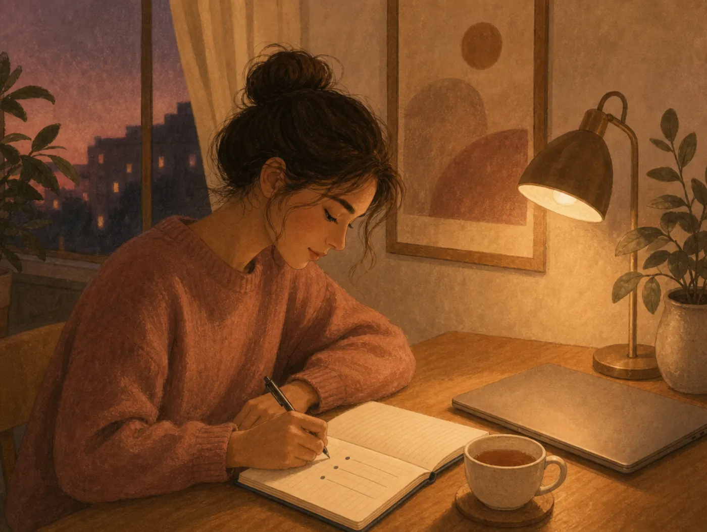 Gratitude Journal: a person handwriting three short notes in a lined notebook at an evening desk