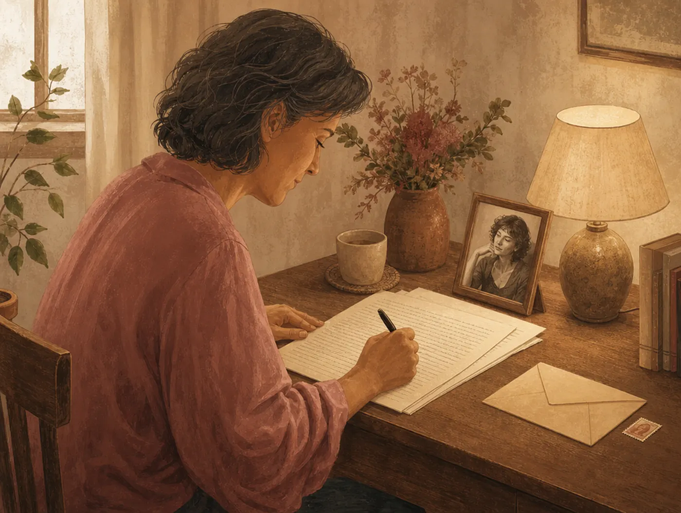 Gratitude Letter: person handwriting a heartfelt letter at a desk, an old photo of the recipient propped nearby and an a