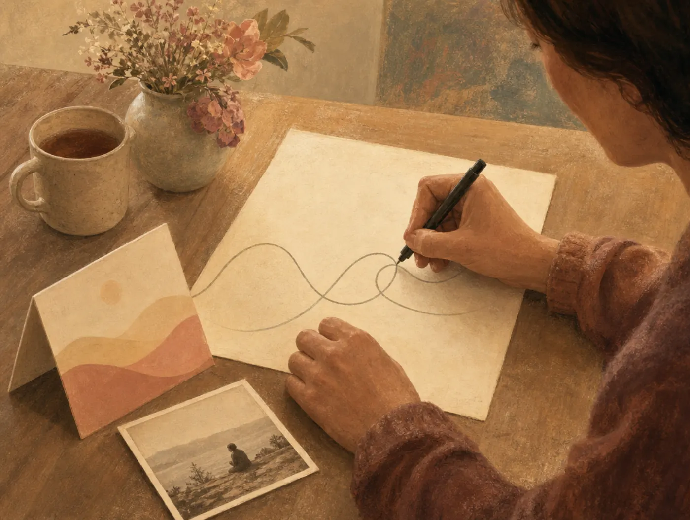 Grief Cycle Diagram: a person at a table draws a looping wave line on a worksheet, pen circling back, a sympathy card an