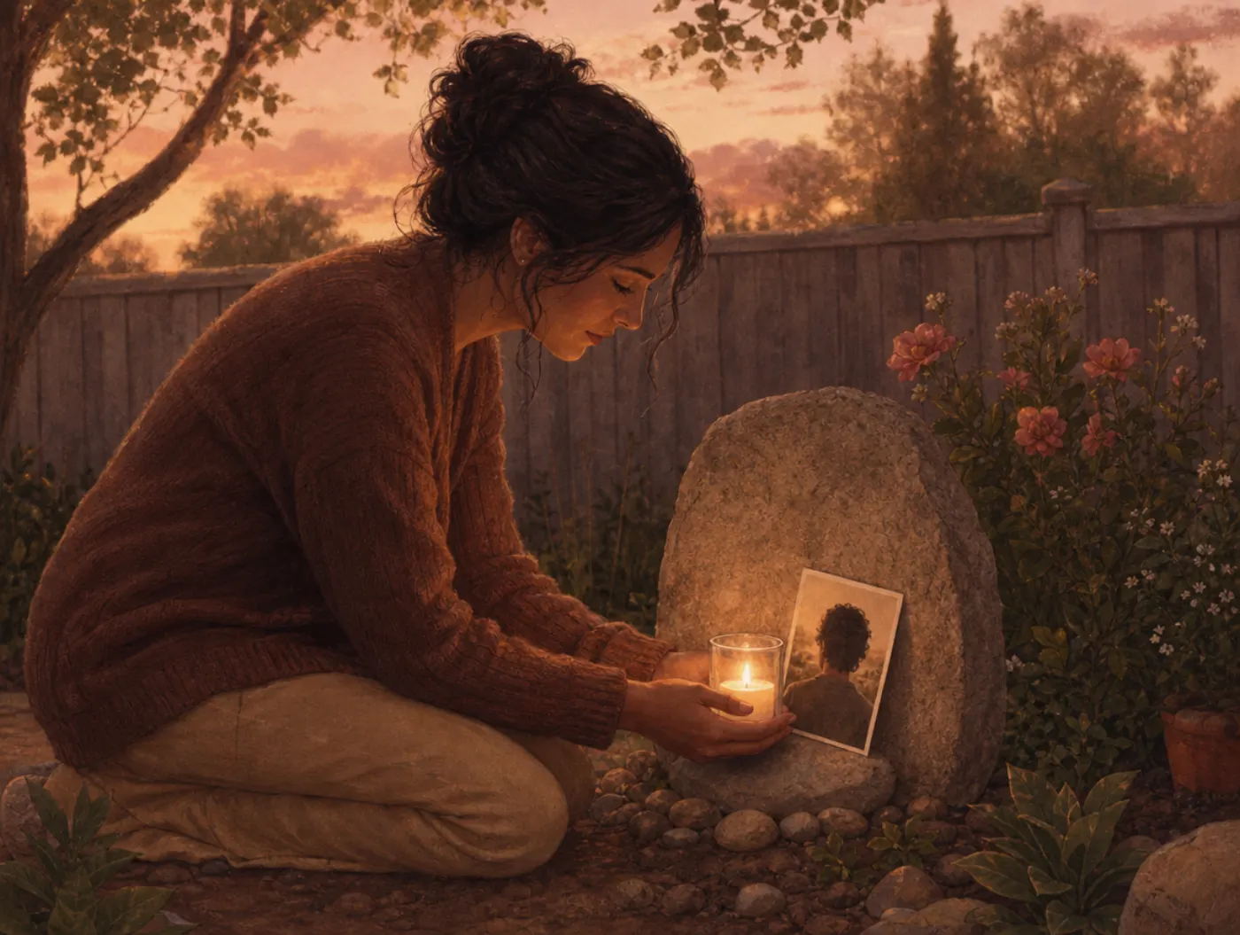 Grief Rituals & Ceremonies: a woman kneeling at a backyard memorial stone at dusk, lighting a candle in a glass holder