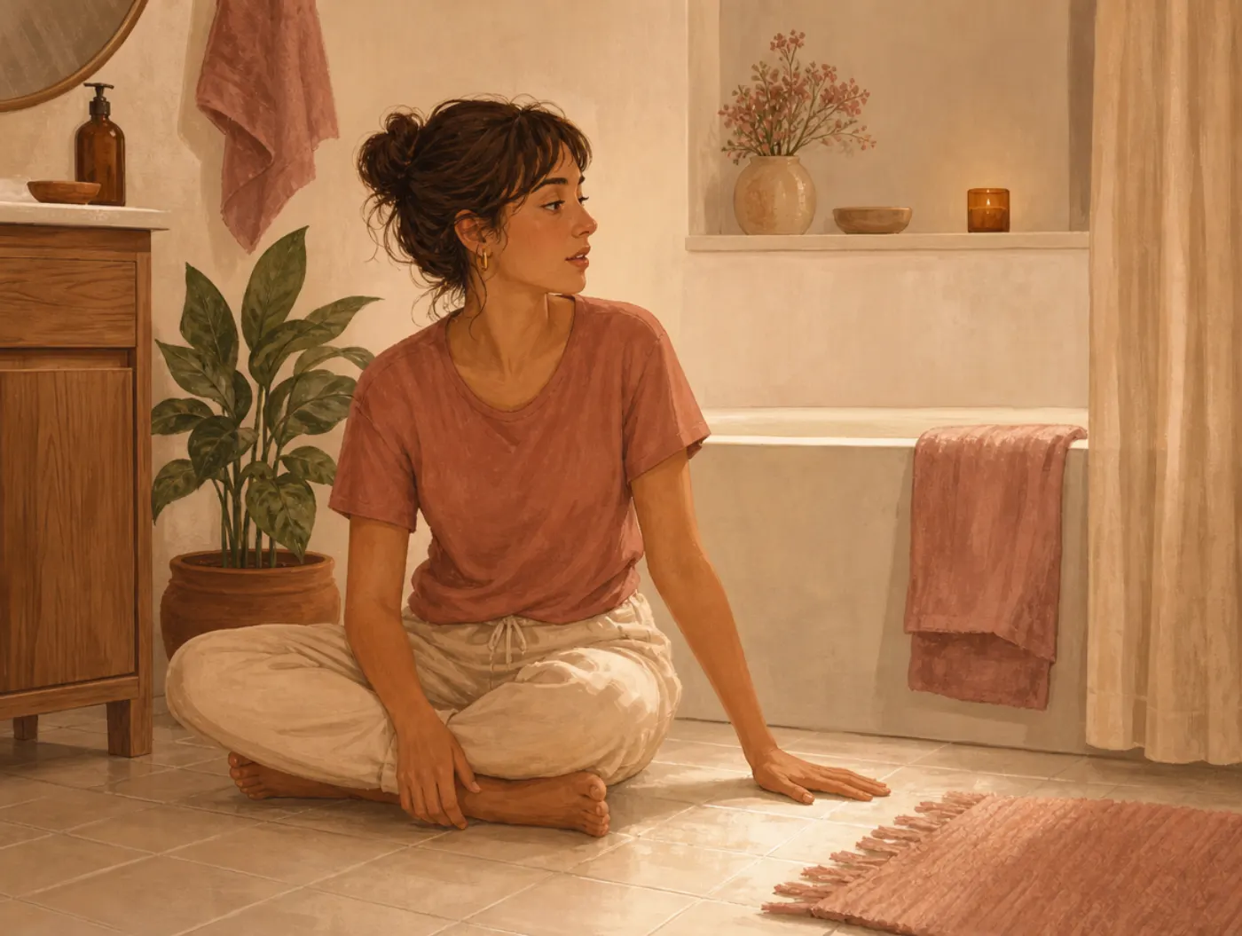 Grounding Techniques: a woman sits on a bathroom floor pressing her palm to the cool tile while naming objects around he