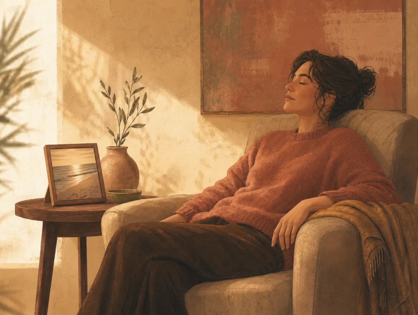 Guided Imagery: person relaxed in an armchair, eyes closed, a framed beach photo on the side table beside them