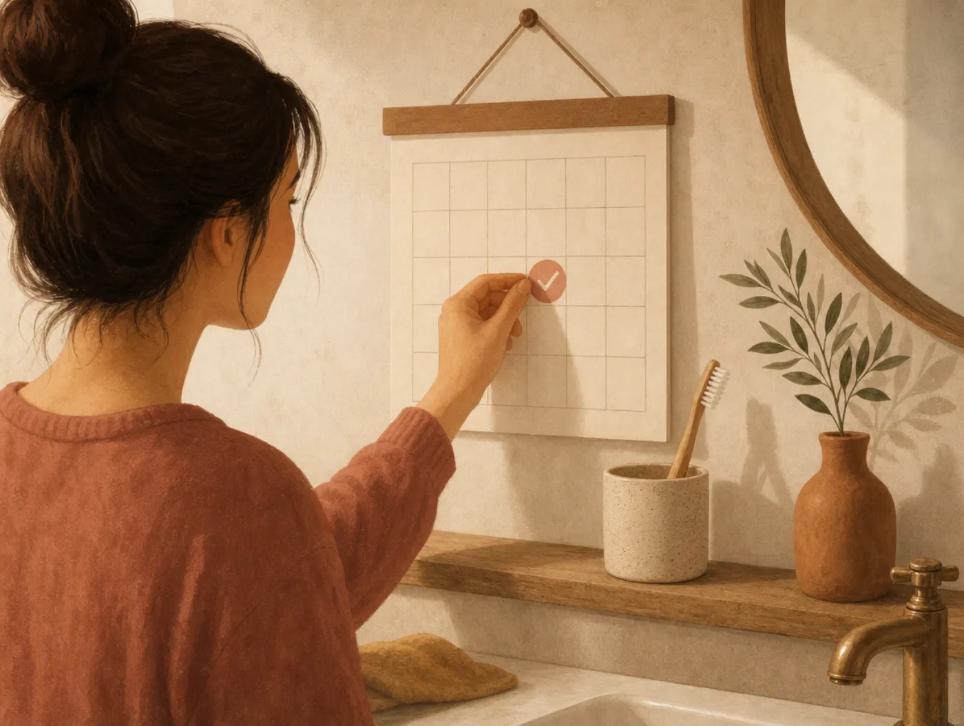 Building Habits Worksheet: a person sticks a checkmark sticker on today's calendar square next to a toothbrush cup on th