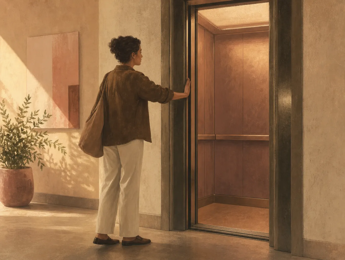 Habituation & Why Exposure Works: a person holding an elevator door open, staying in place as the floor numbers climb