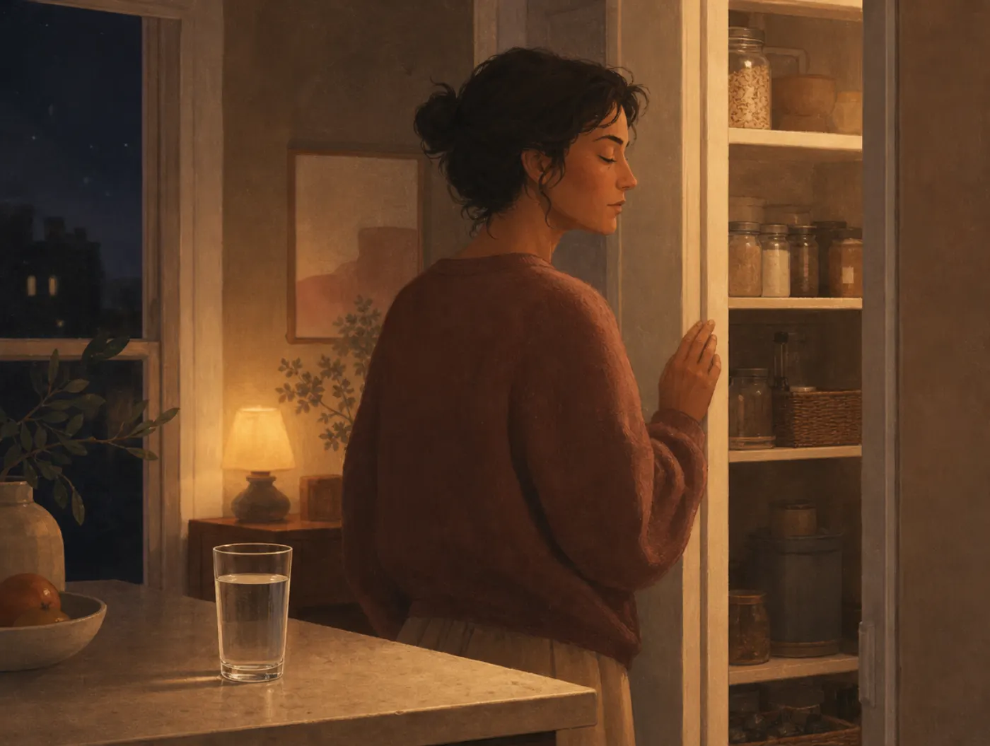 HALT Check-In: an adult pauses at an open pantry at night, eyes closed, untouched water nearby