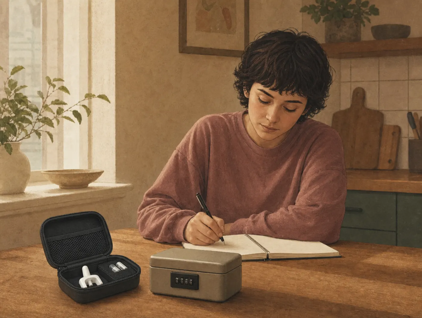 Harm Reduction Plan Worksheet: person writing at a kitchen table beside a naloxone kit and medicine lockbox