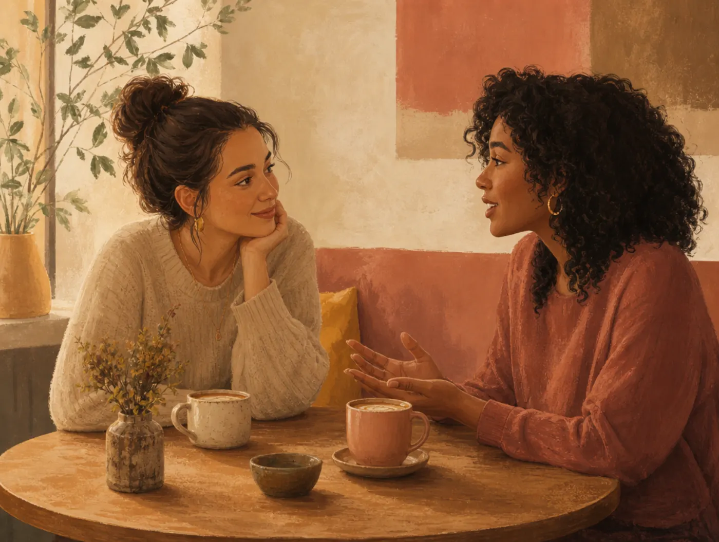Healthy vs Unhealthy Relationships: two friends at a cafe table, one leaning in and nodding attentively while the other