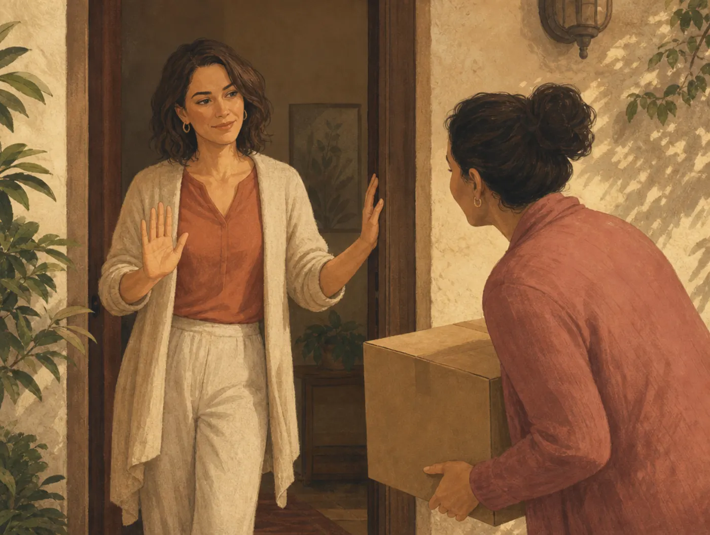 How to Say No: woman in doorway raises a calm palm, declining a neighbor holding a box