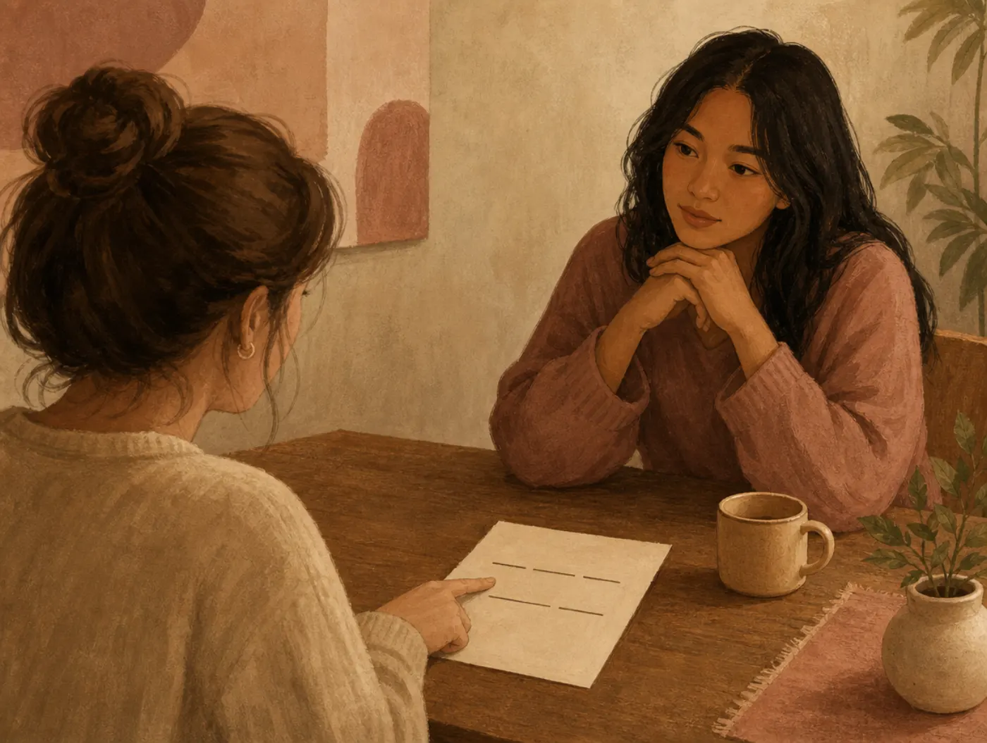 I-Statements Worksheet: two people at a table tracing a handwritten I feel, when, because note as one listens calmly
