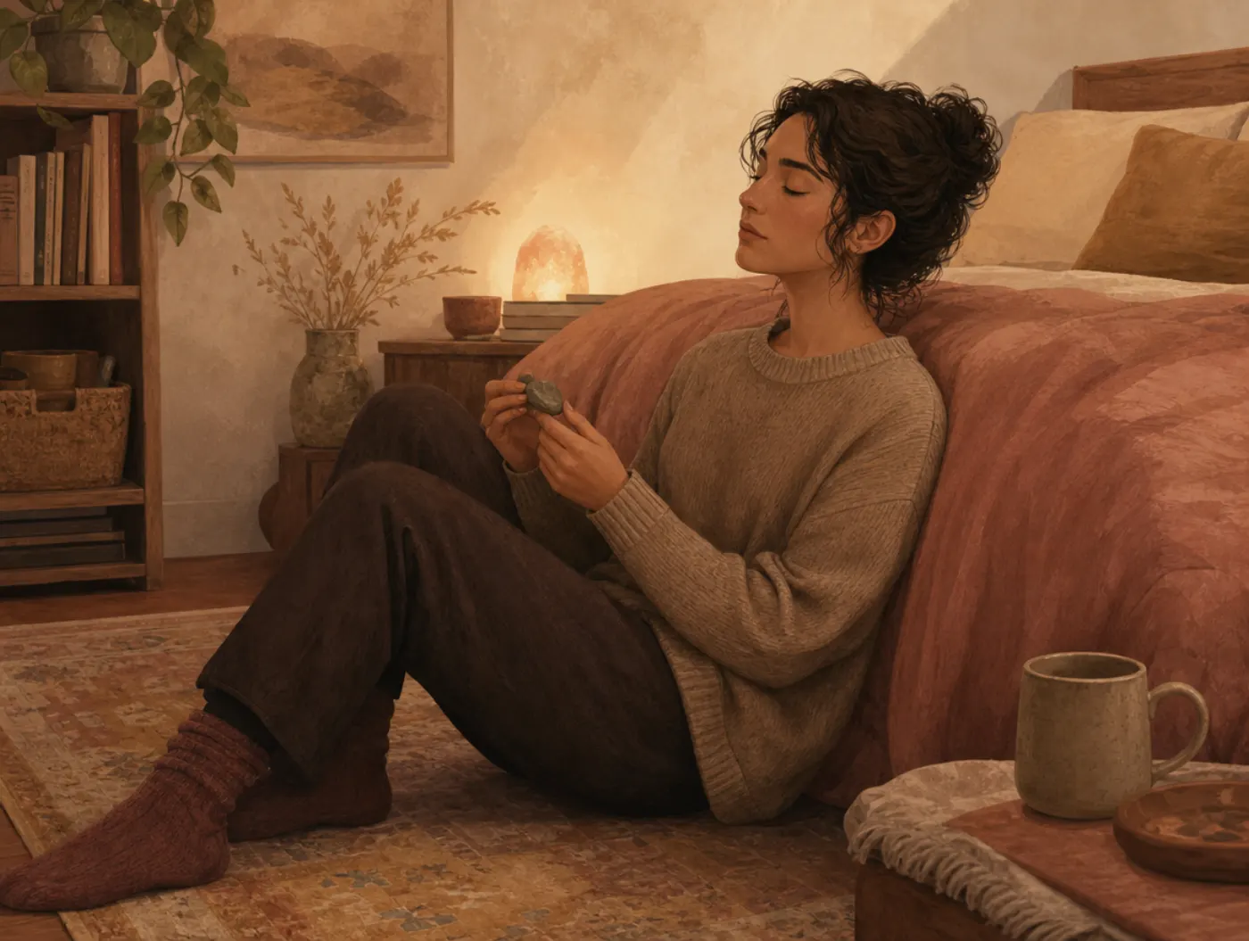 IMPROVE the Moment: a person sitting on the floor, back against the bed, rubbing a smooth worry stone to get through a p