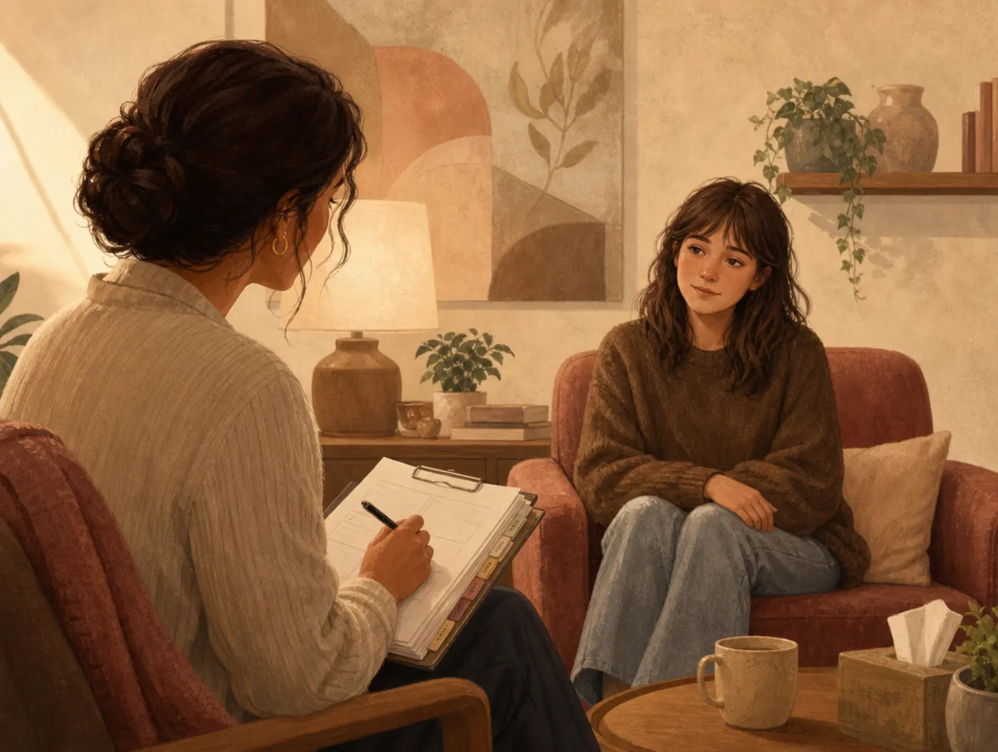 Intake / Biopsychosocial Assessment Template: a therapist reviewing a tab-divided intake clipboard with a new client in