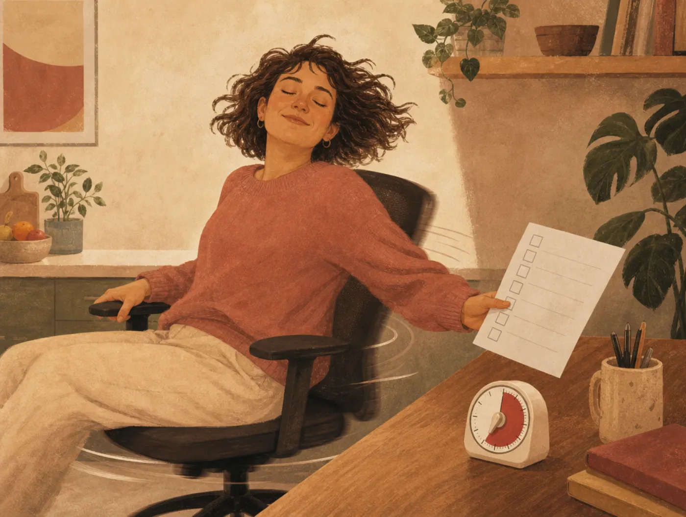 Interoceptive Exposure Worksheet: a person spinning in a desk chair with eyes closed, gripping the armrest, worksheet an