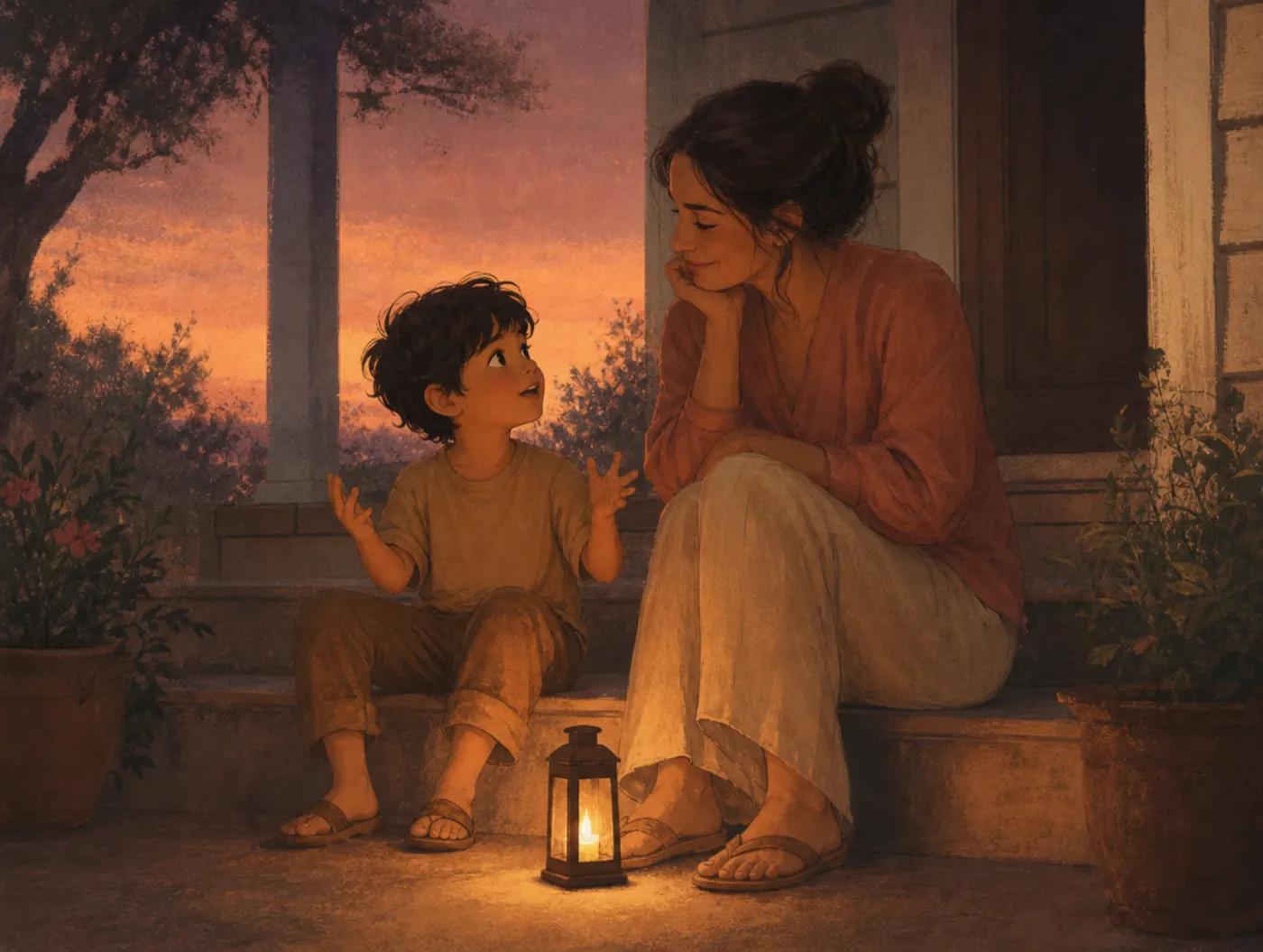 Journal Prompts for Kids: parent and child talking on porch steps at dusk with a glowing lantern between them