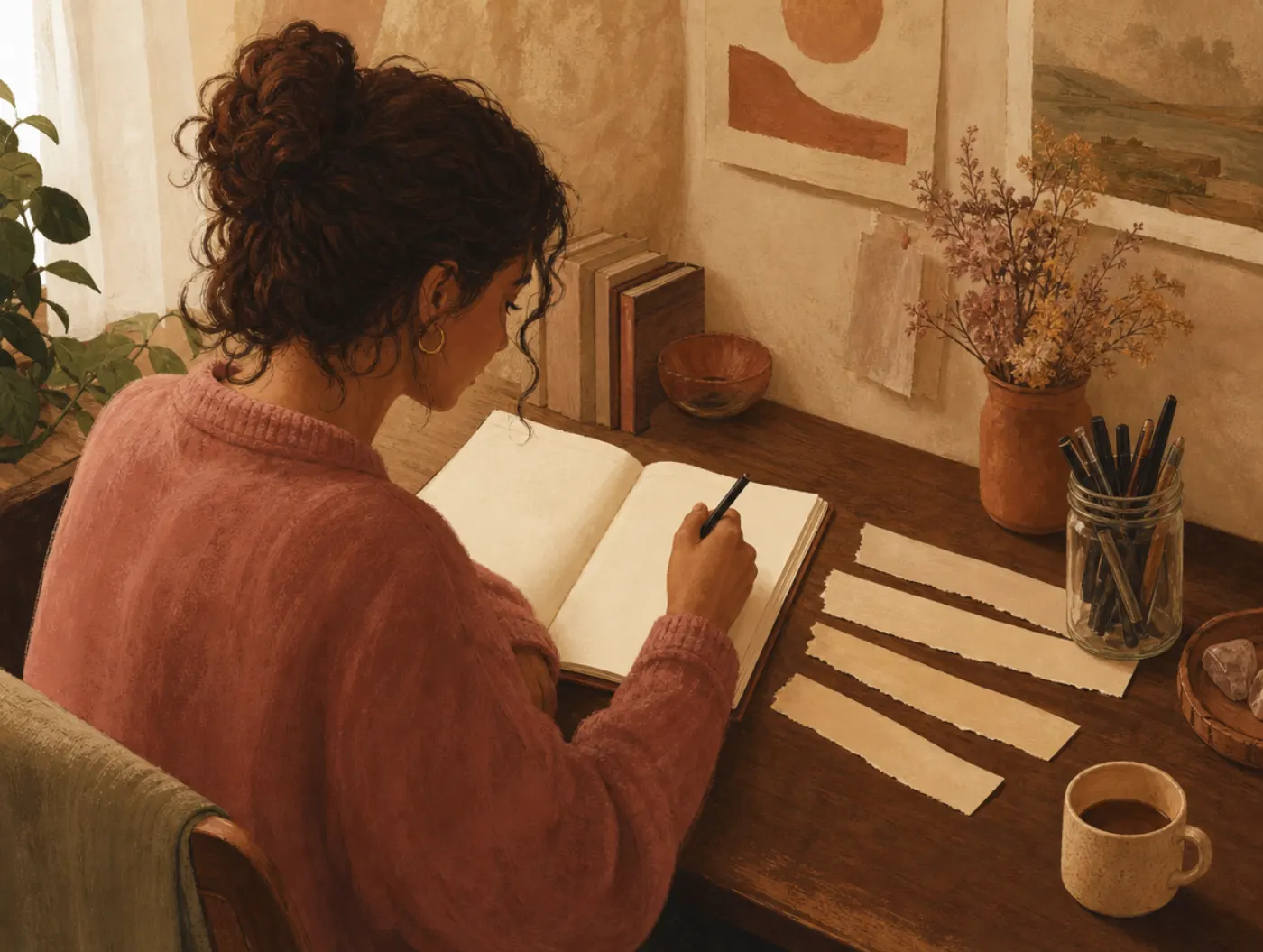 Journaling Prompts: a hand writing in a notebook beside torn paper strips with prompt starters and a jar of pens
