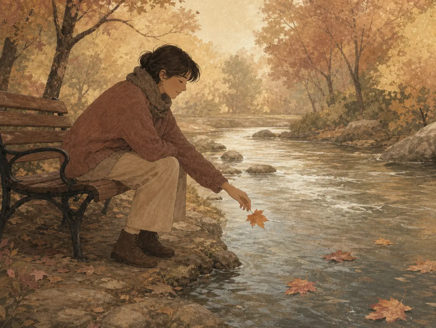 Leaves on a Stream: a person on a bench releasing a single leaf onto a flowing stream, eyes closed, more leaves drifting