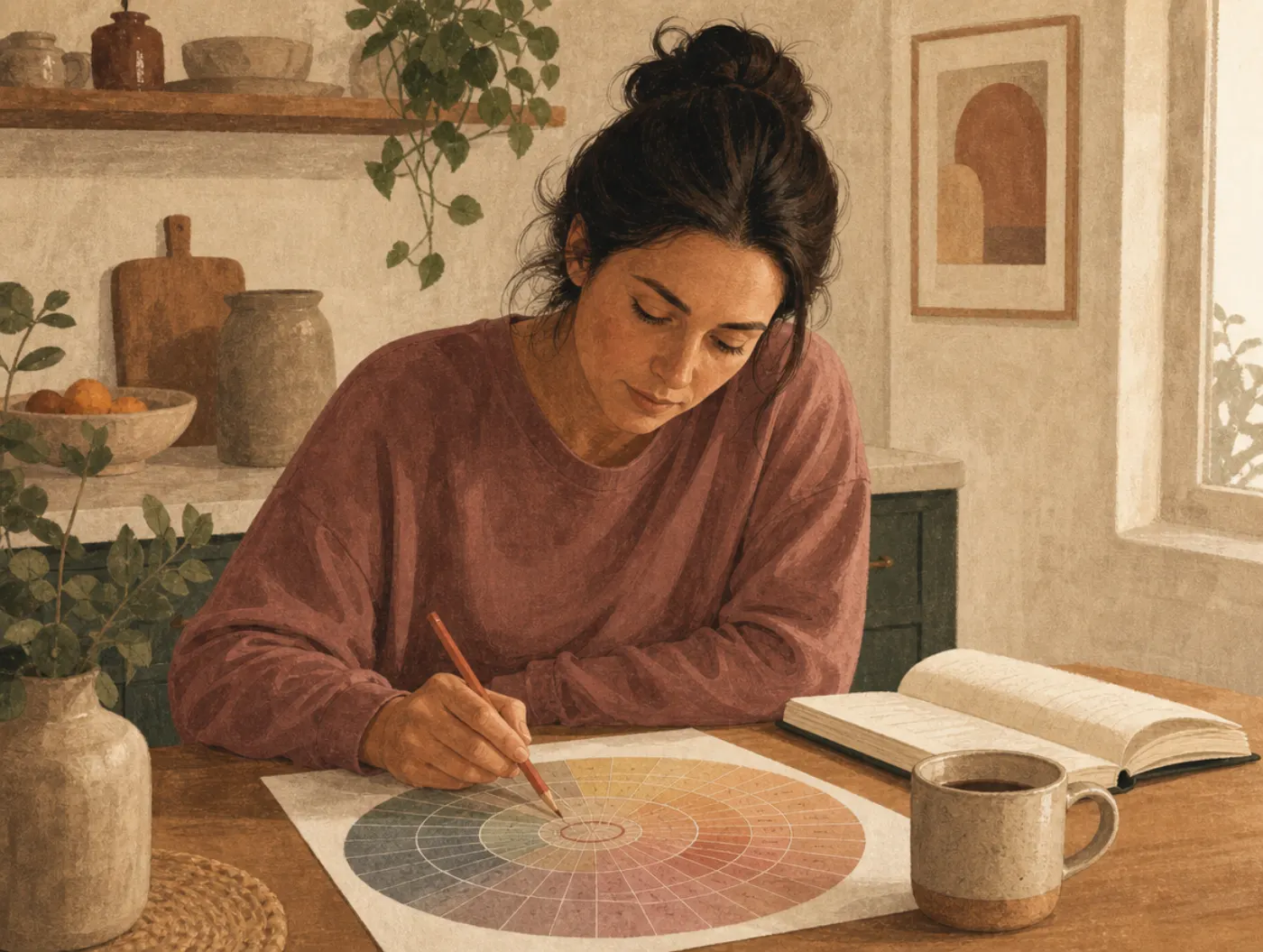 List of Emotions & Feelings: a person circling a word on a feelings wheel chart with a journal nearby