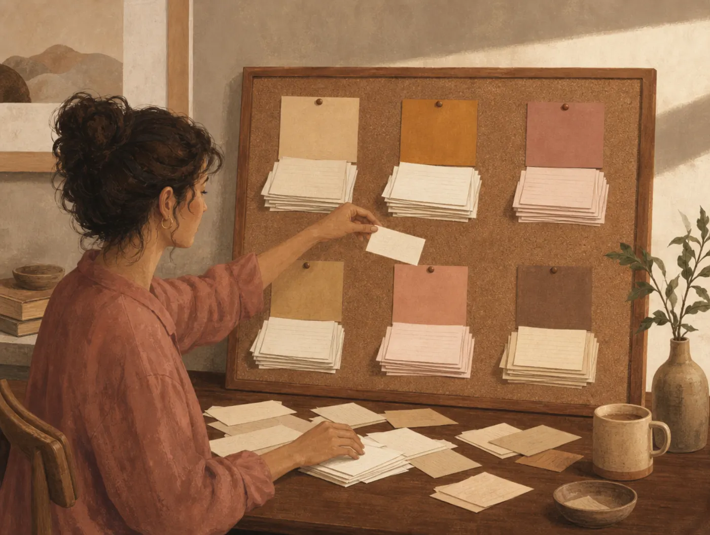 List of Strengths: a person sorting handwritten trait cards into six labeled piles on a corkboard at a desk