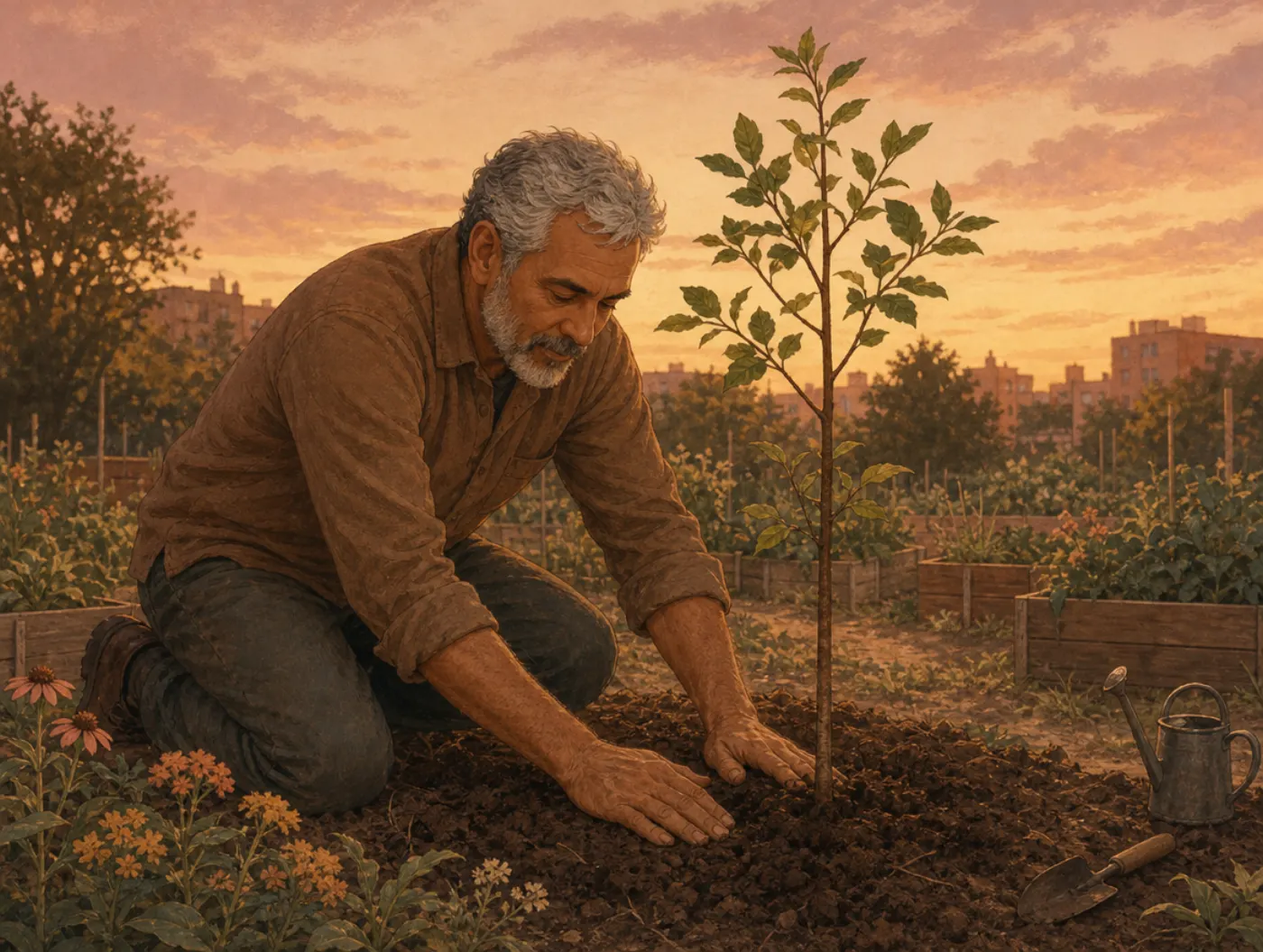 Logotherapy: an older man kneeling at dusk, patting soil around a newly planted young tree