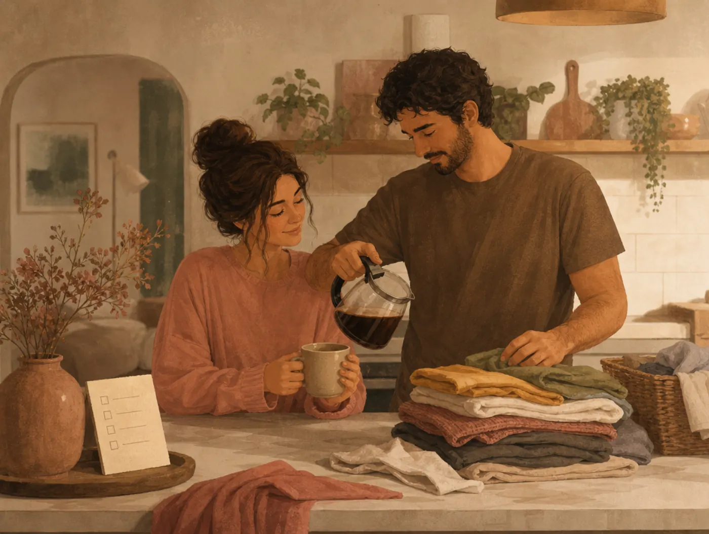 Love Languages Chart: partner refilling coffee and folding laundry for the other, notecard checklist propped on the coun