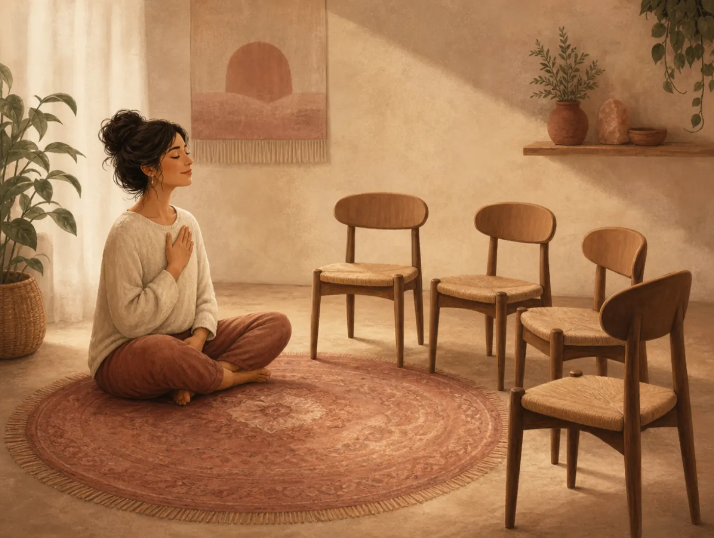 Loving-Kindness Meditation: woman seated with hand on heart, eyes closed, facing an arc of empty chairs for loved ones a