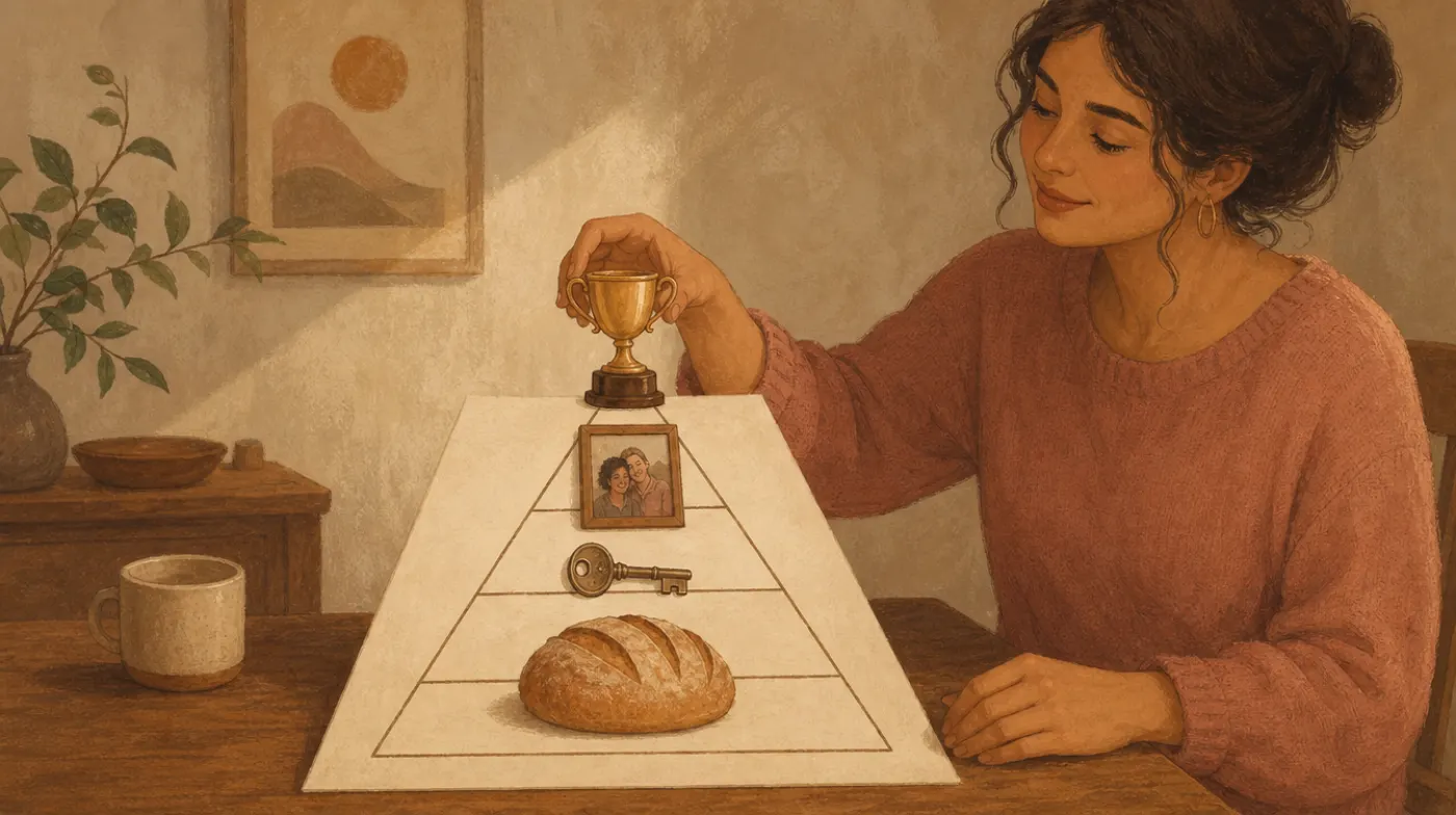 Maslow's Hierarchy of Needs: stacking bread, a key, a photo, and a trophy onto a tiered pyramid worksheet