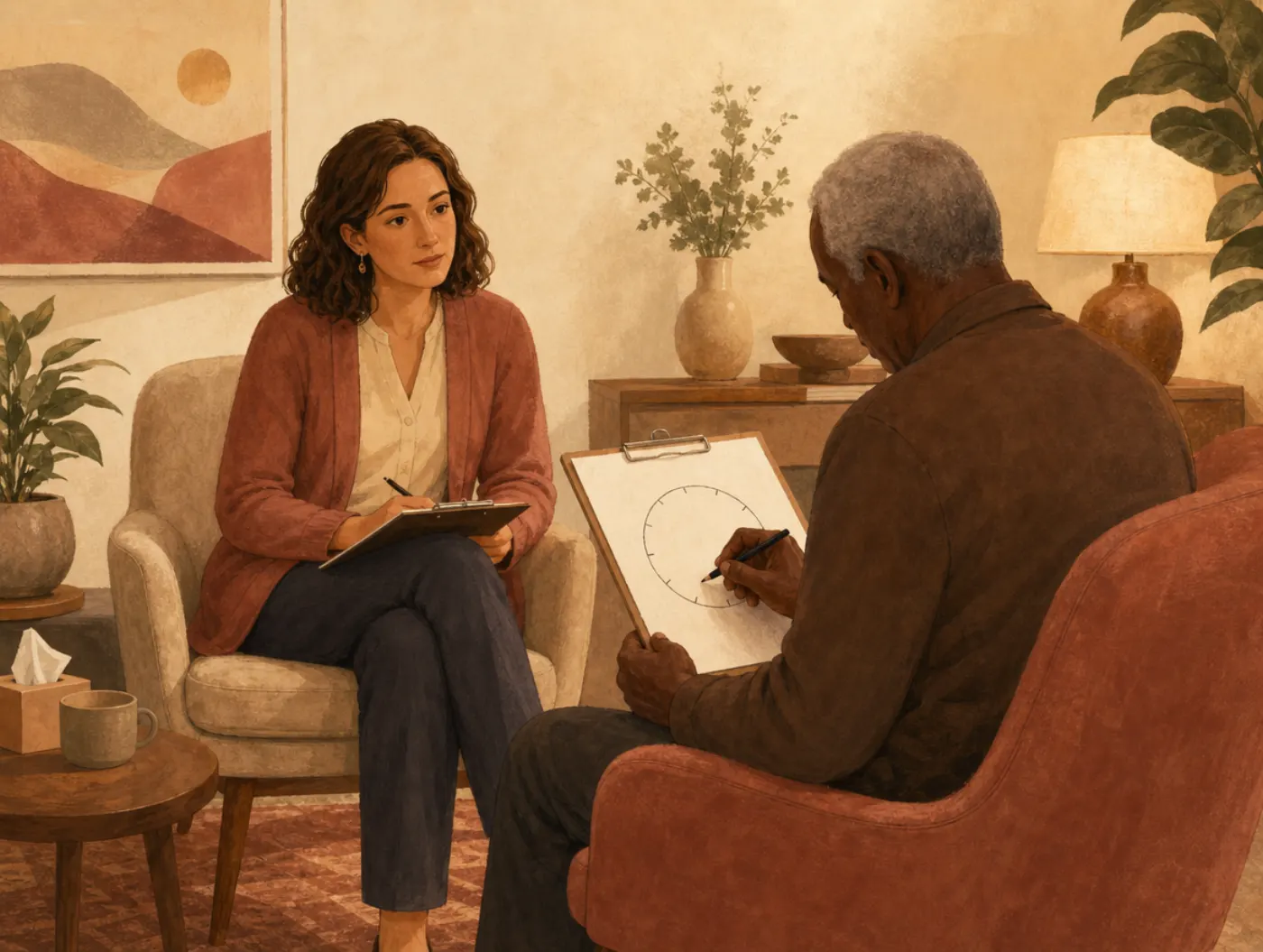 Mental Status Exam: a clinician observes a seated patient drawing a clock face during a cognitive check in a quiet offic