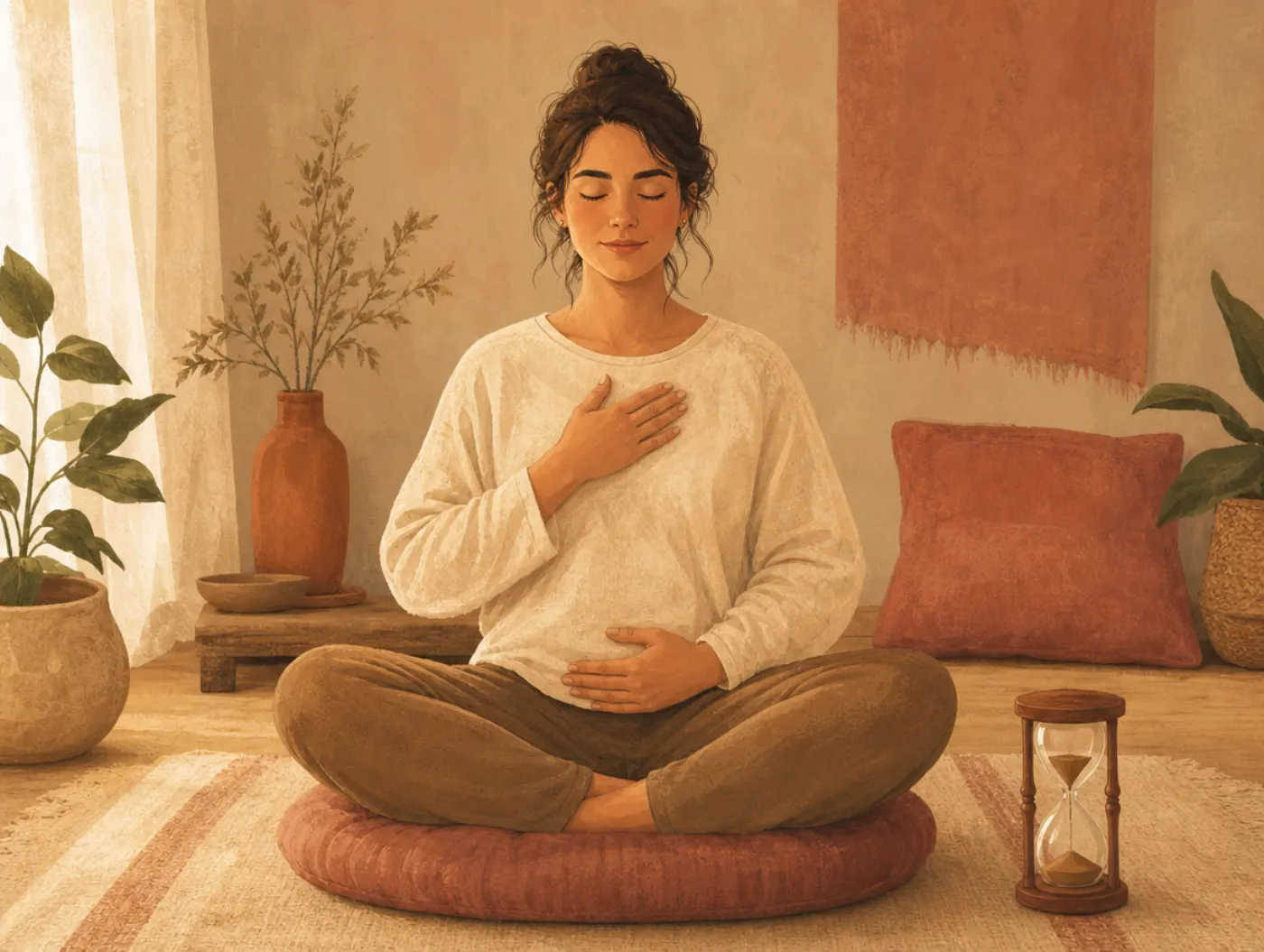 Mindful Breathing Exercise: person cross-legged on a cushion, hand on chest and hand on belly, eyes closed, sand timer n