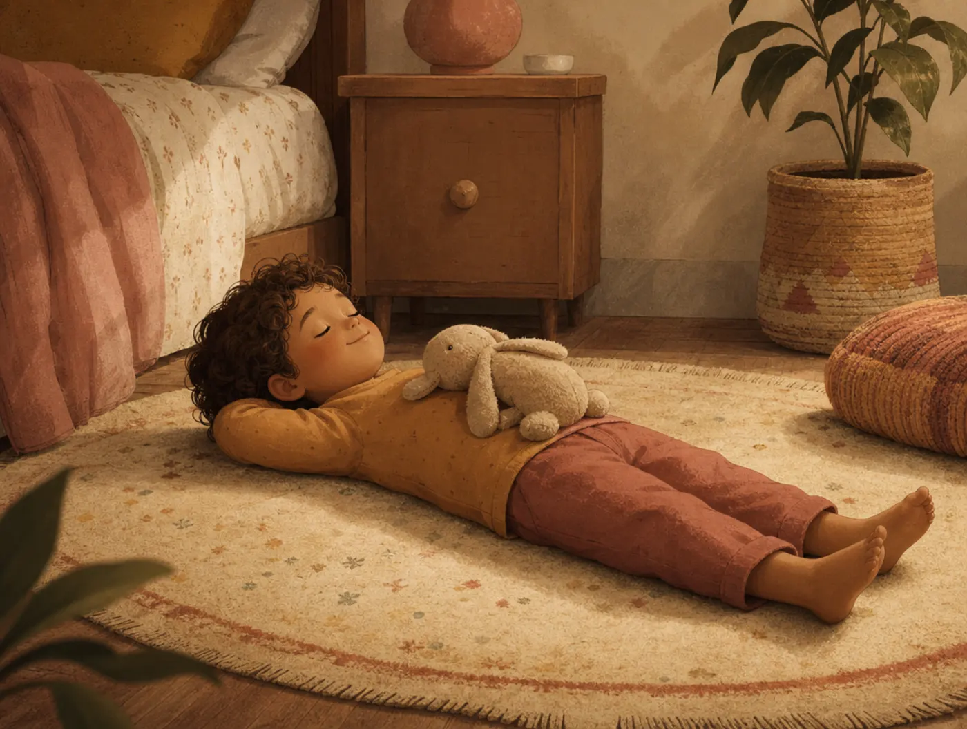 Mindfulness Activities for Kids: child on a rug breathing slowly with a stuffed animal on their belly