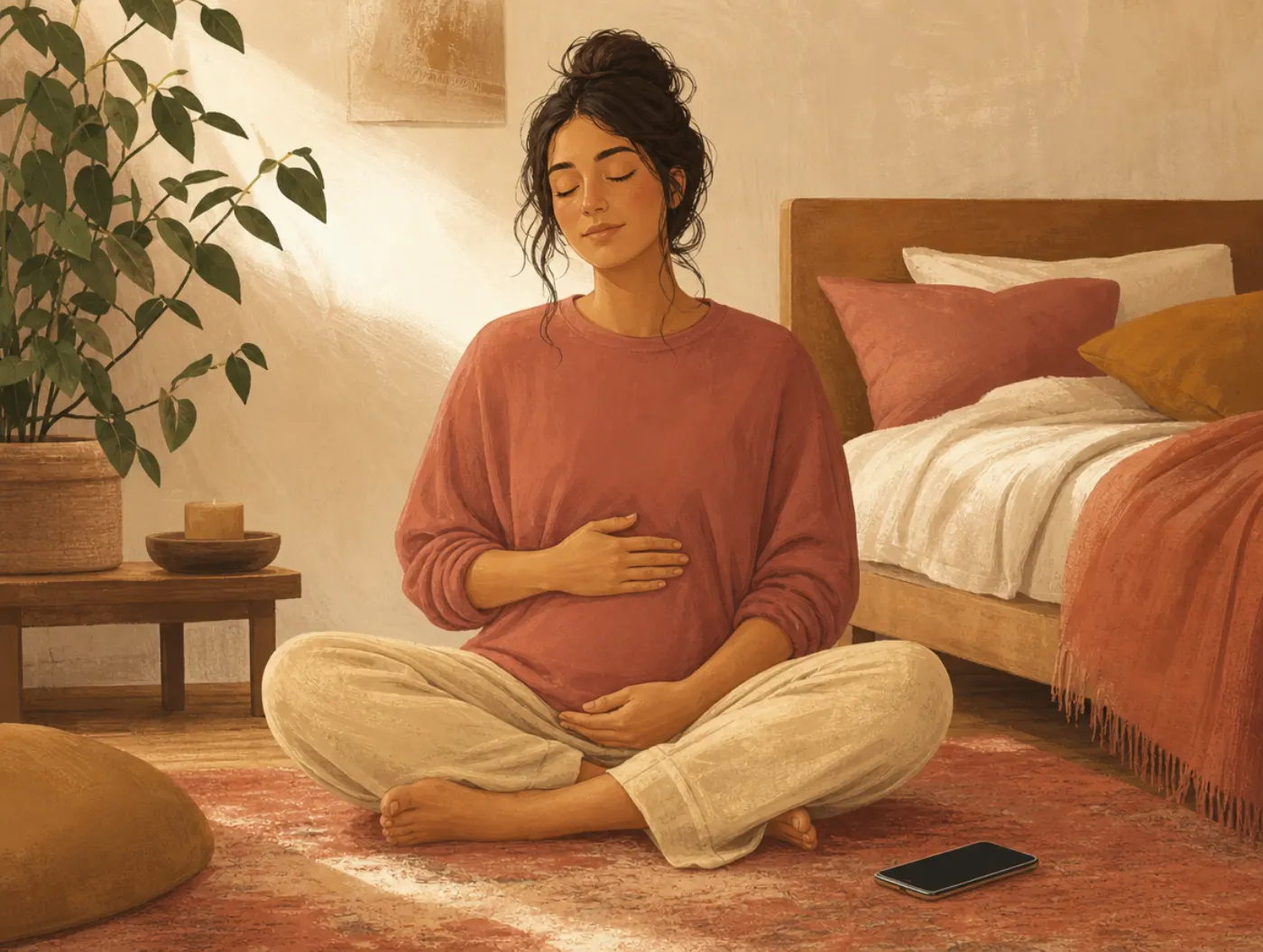 Mindfulness Exercises Library: person sitting cross-legged on the floor, hand on belly, with a one-minute timer beside t