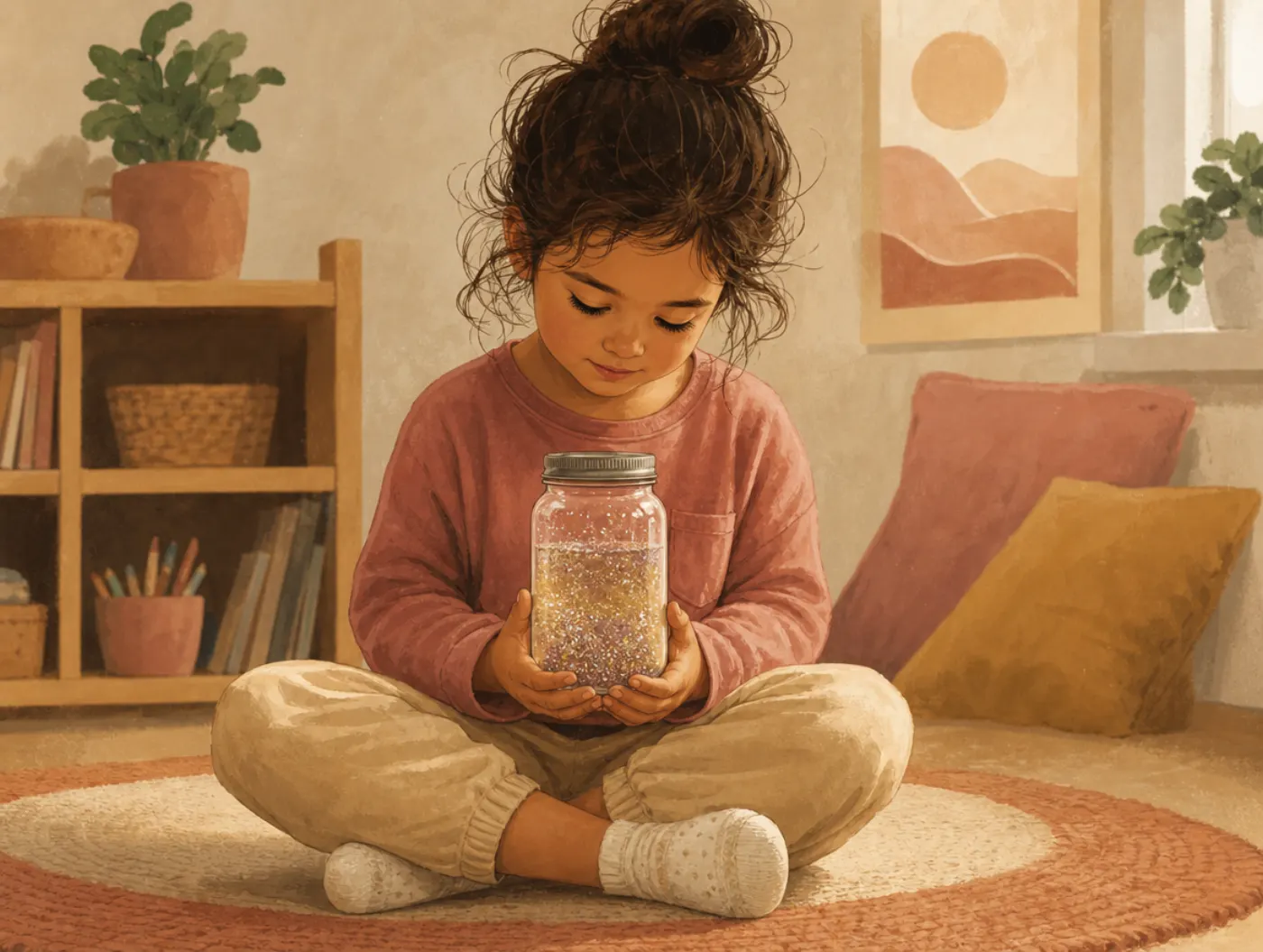 Mindfulness Activities for Kids: a child sits on a rug watching glitter settle inside a calm-down jar
