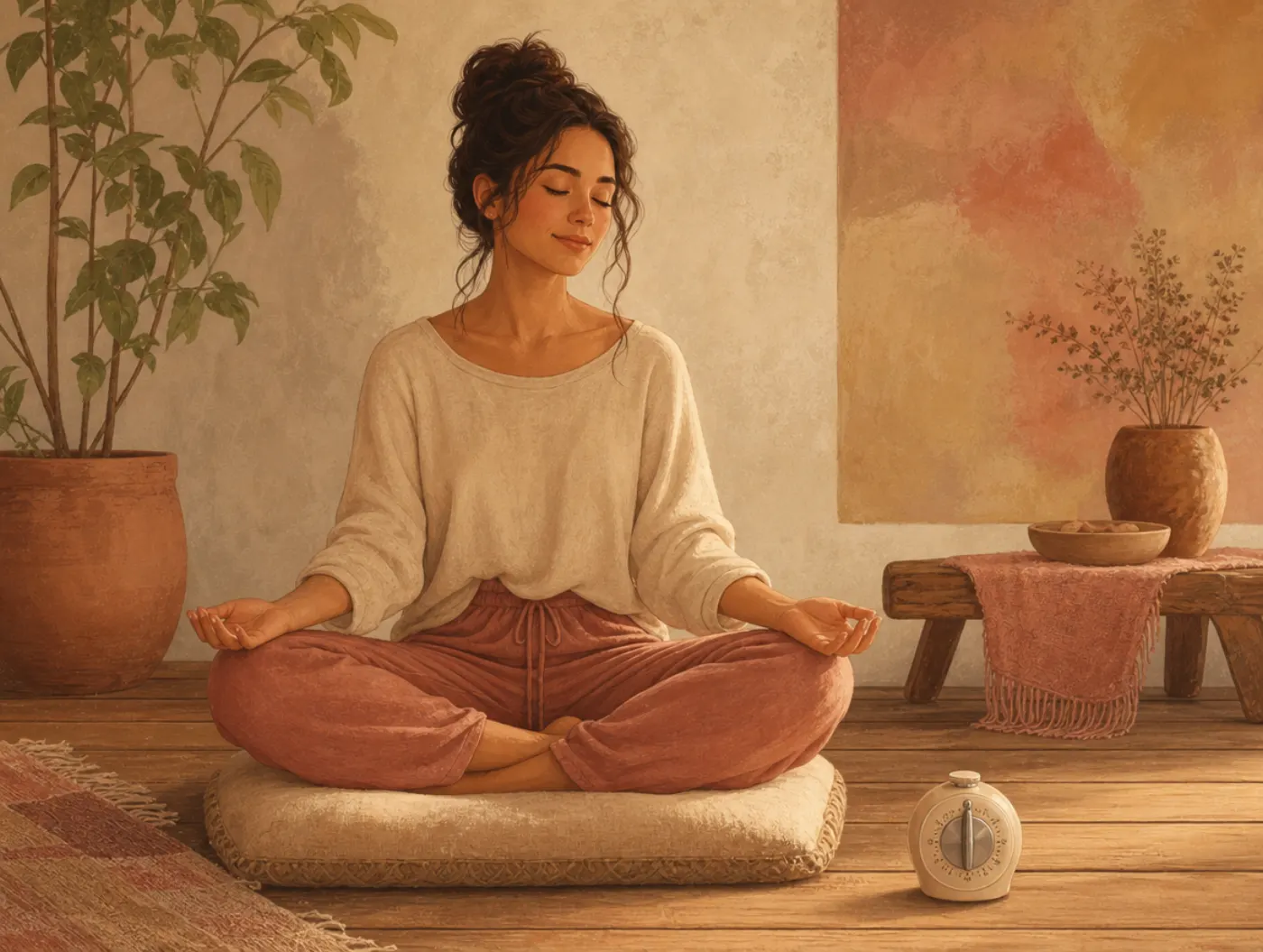 Mindfulness Meditation Exercise: woman sitting cross-legged on a cushion, eyes closed, palms open on knees, timer beside
