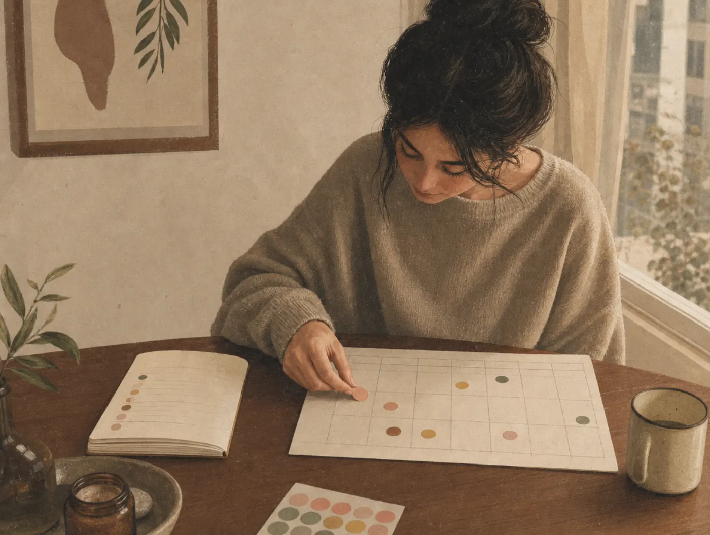 Mood & Activity Log: person placing a colored sticker on a weekly planner grid beside a written activity list