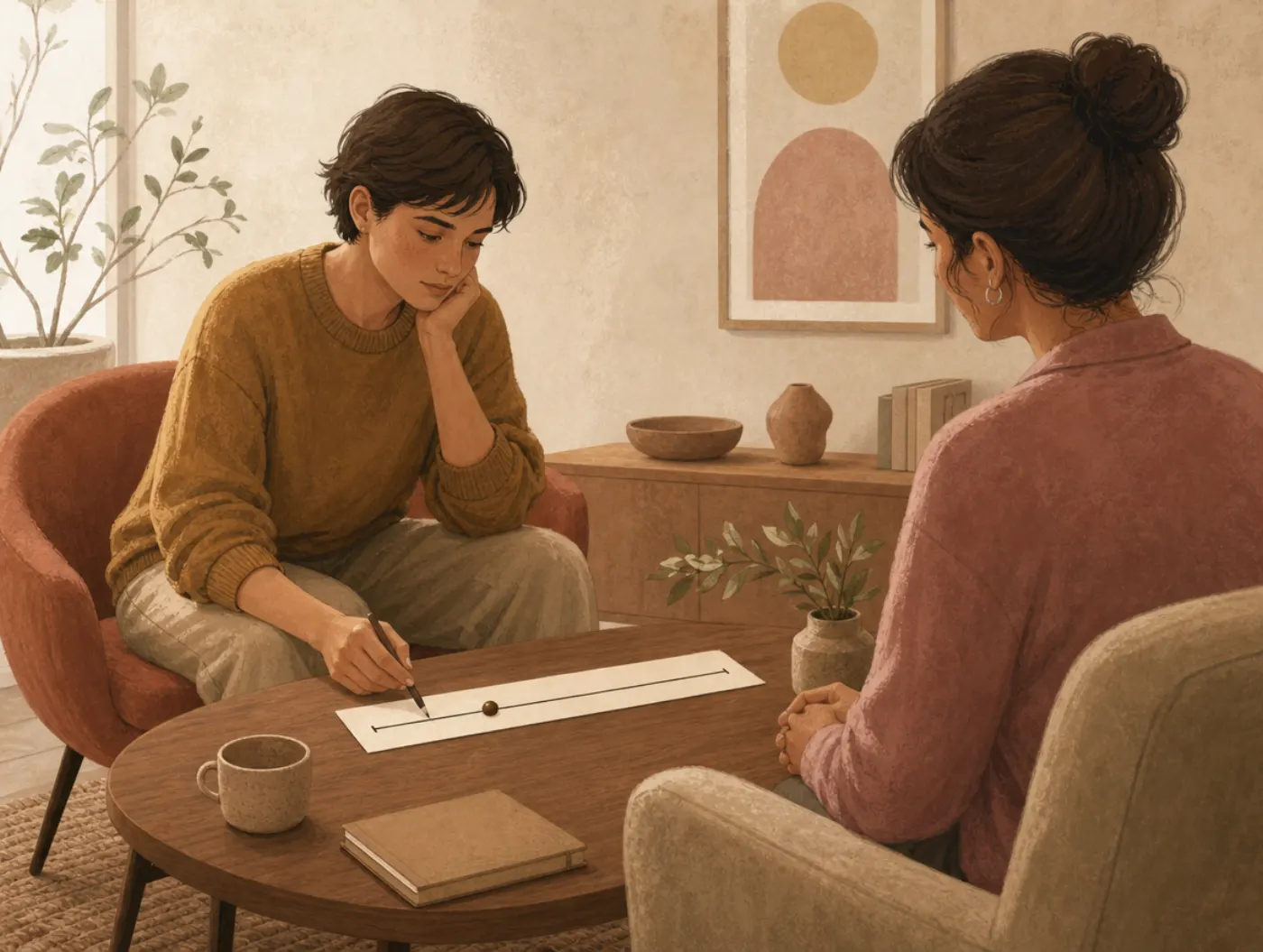 Motivation & Confidence Ruler: a person marking their spot on a sliding scale strip during a conversation with a counsel