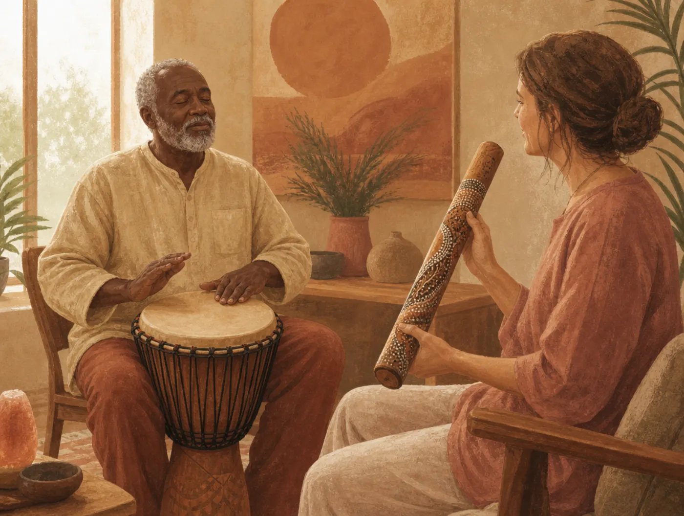 Music Therapy Activities: an older man drumming a djembe as a therapist shakes a rainstick in a sunlit studio